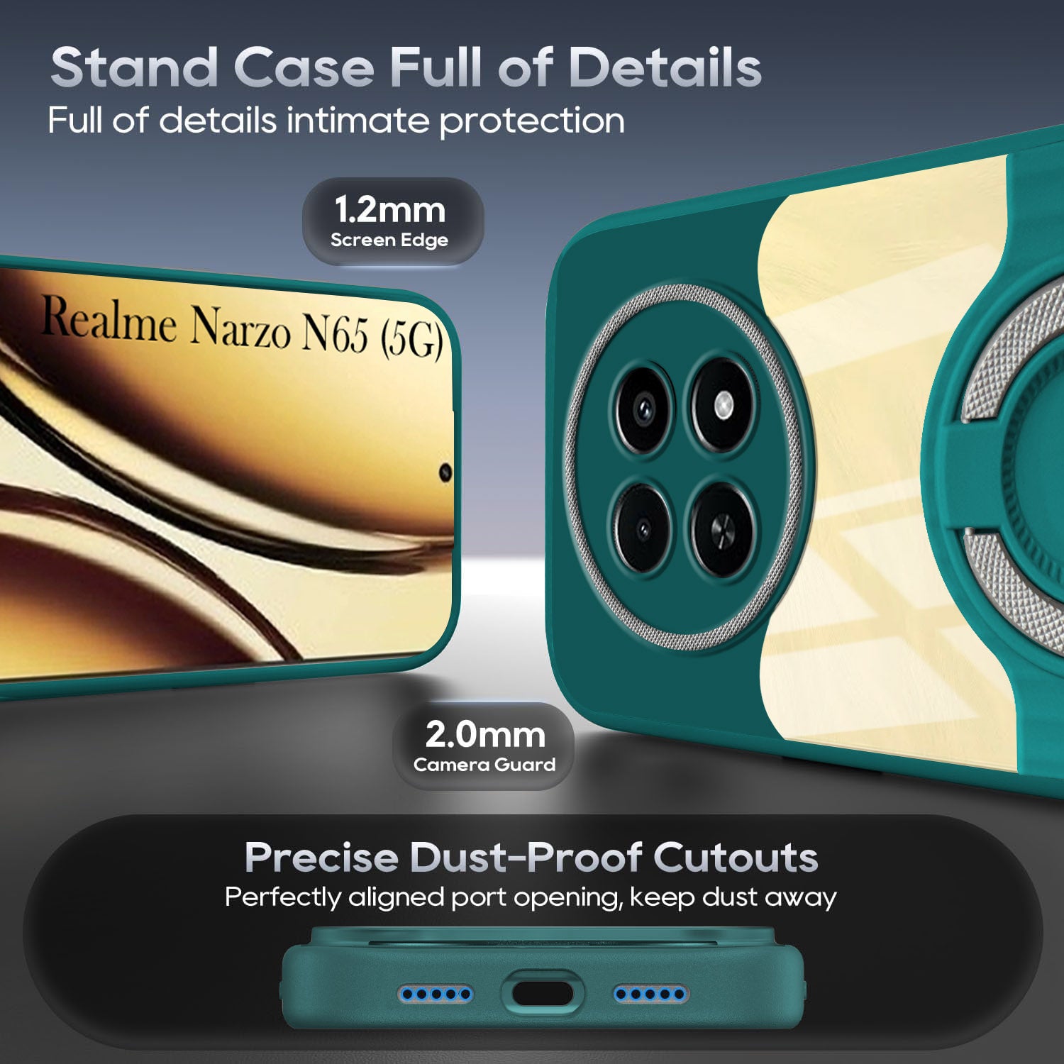 For Realme Narzo N65 5G Back Cover Case with stand (Built-in Ring Holder Kickstand | Lifetime Anti Yellow | Camera Protection)