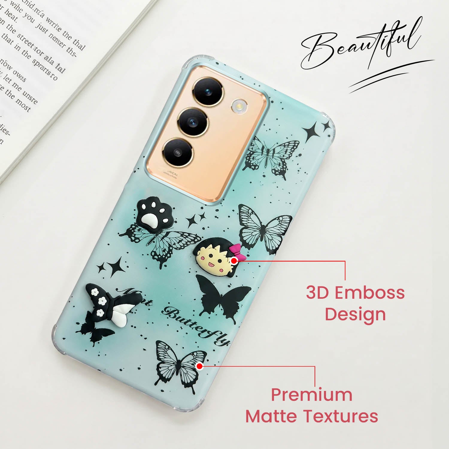 For Vivo Y200e Back Cover Case (3D Cute Cartoons | Hard Back Side Soft | Matte Premium Finish | HD Printing)