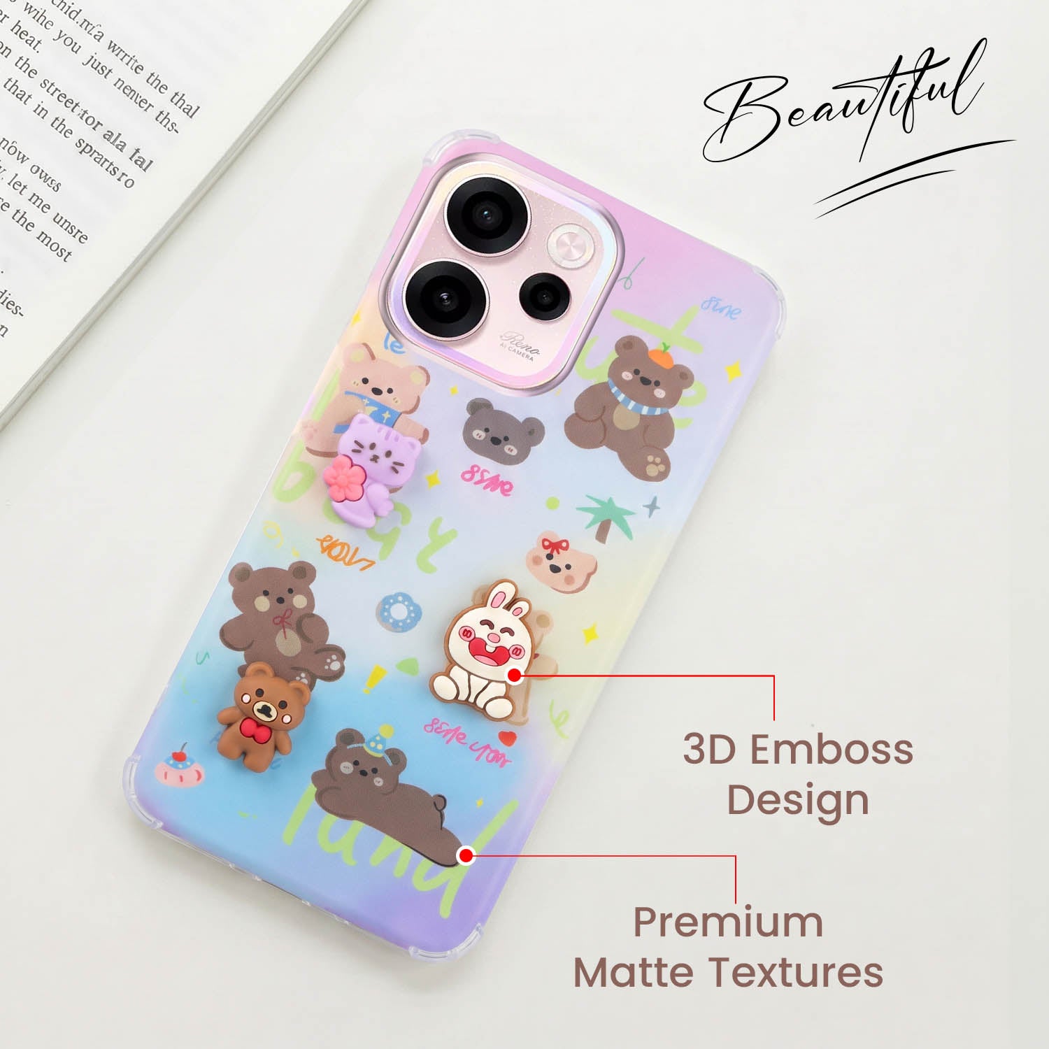 For Oppo Reno 15c Back Cover Case (3D Cute Cartoons | Hard Back Side Soft | Matte Premium Finish | HD Printing)