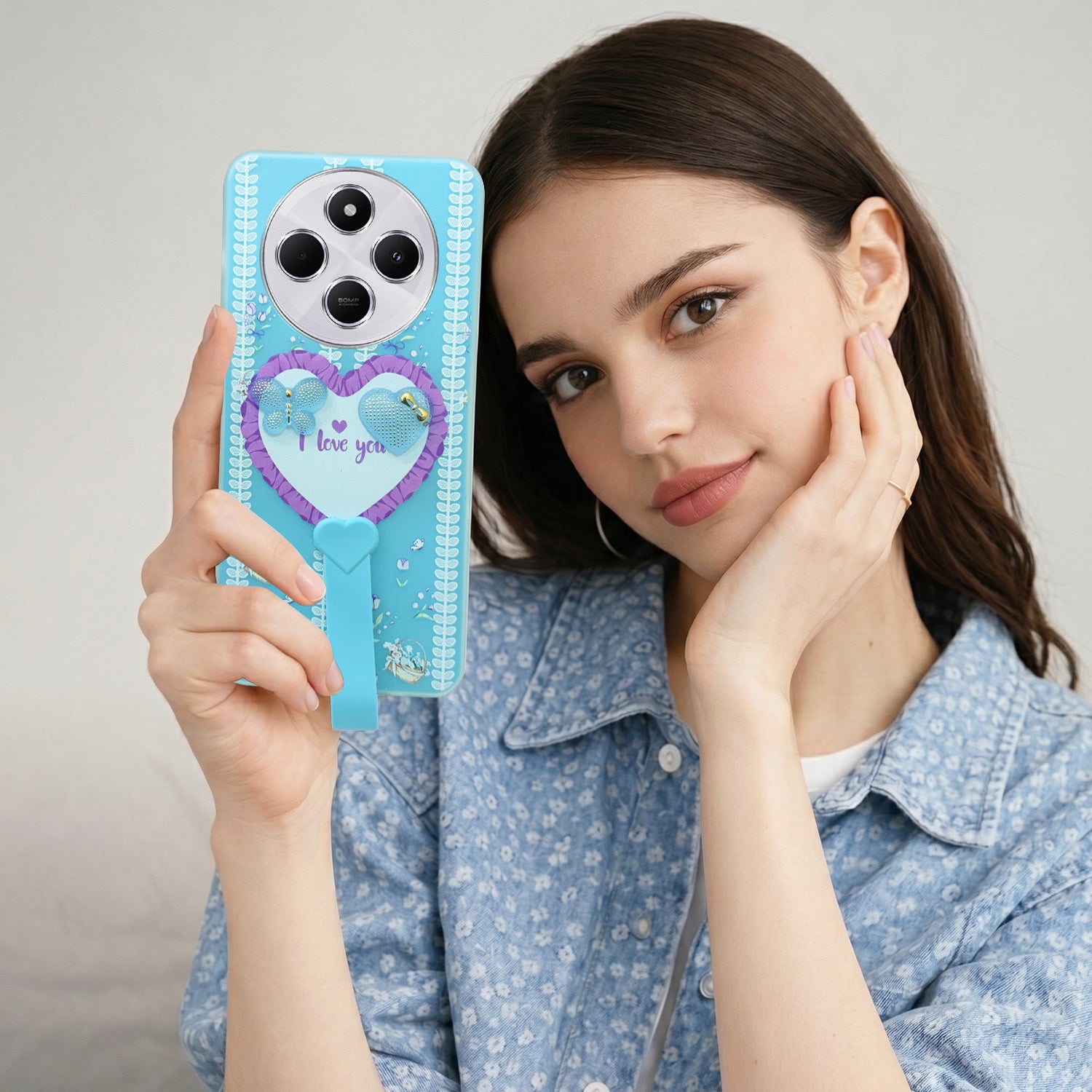 For Redmi A4 5G | Xiaomi Redmi 14C Back Cover Case (3D Cute Heart Strap Holder | Camera Protection | Designer Girls Print)