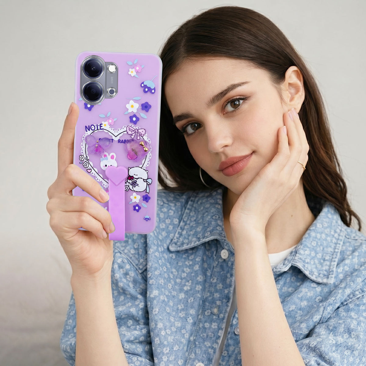 For Vivo Y05 (4G) | Vivo T5 Lite (5G) Back Cover Case (3D Cute Heart Strap Holder | Camera Protection | Designer Girls Print)