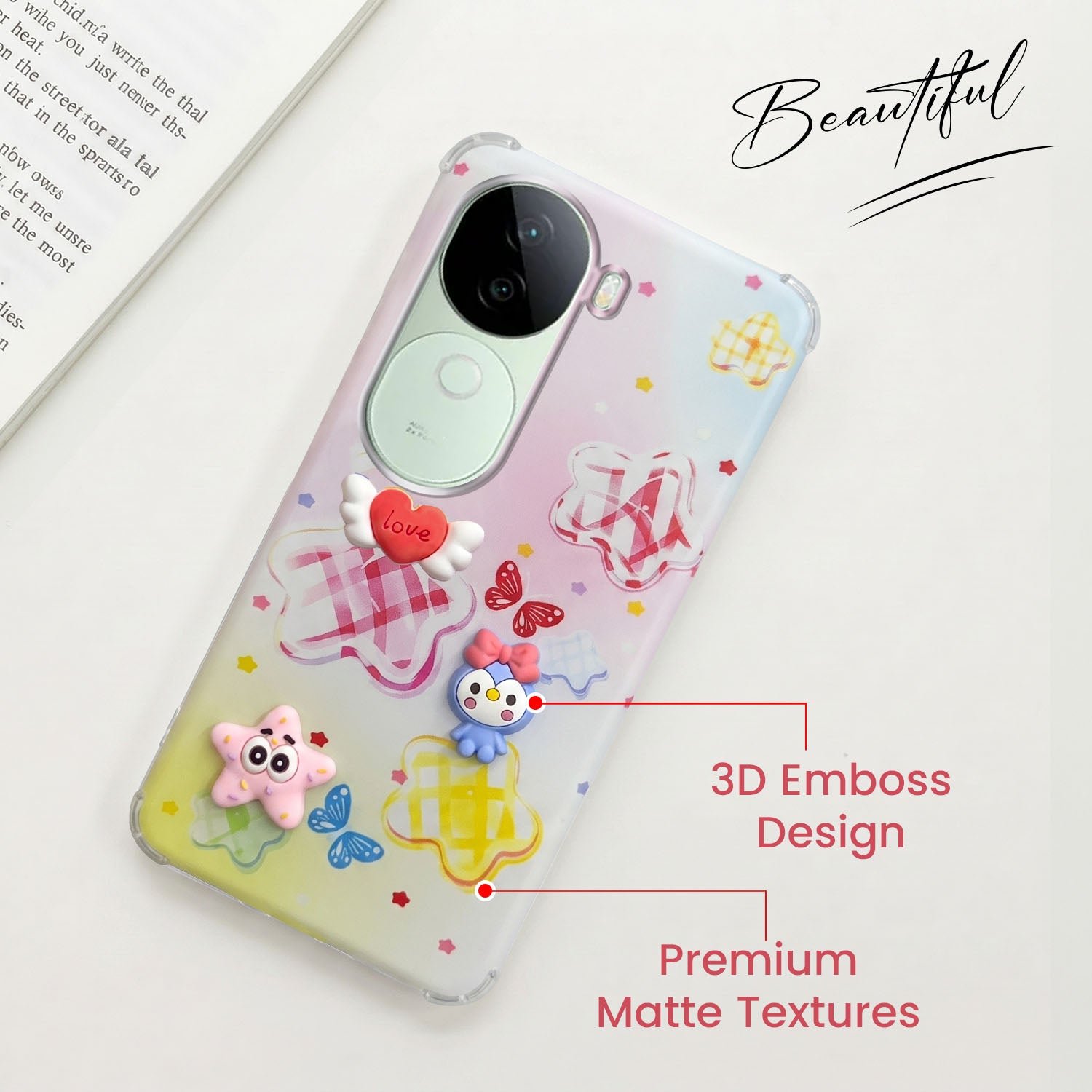 For Vivo V40e Back Cover Case (3D Cute Cartoons | Hard Back Side Soft | Matte Premium Finish | HD Printing)