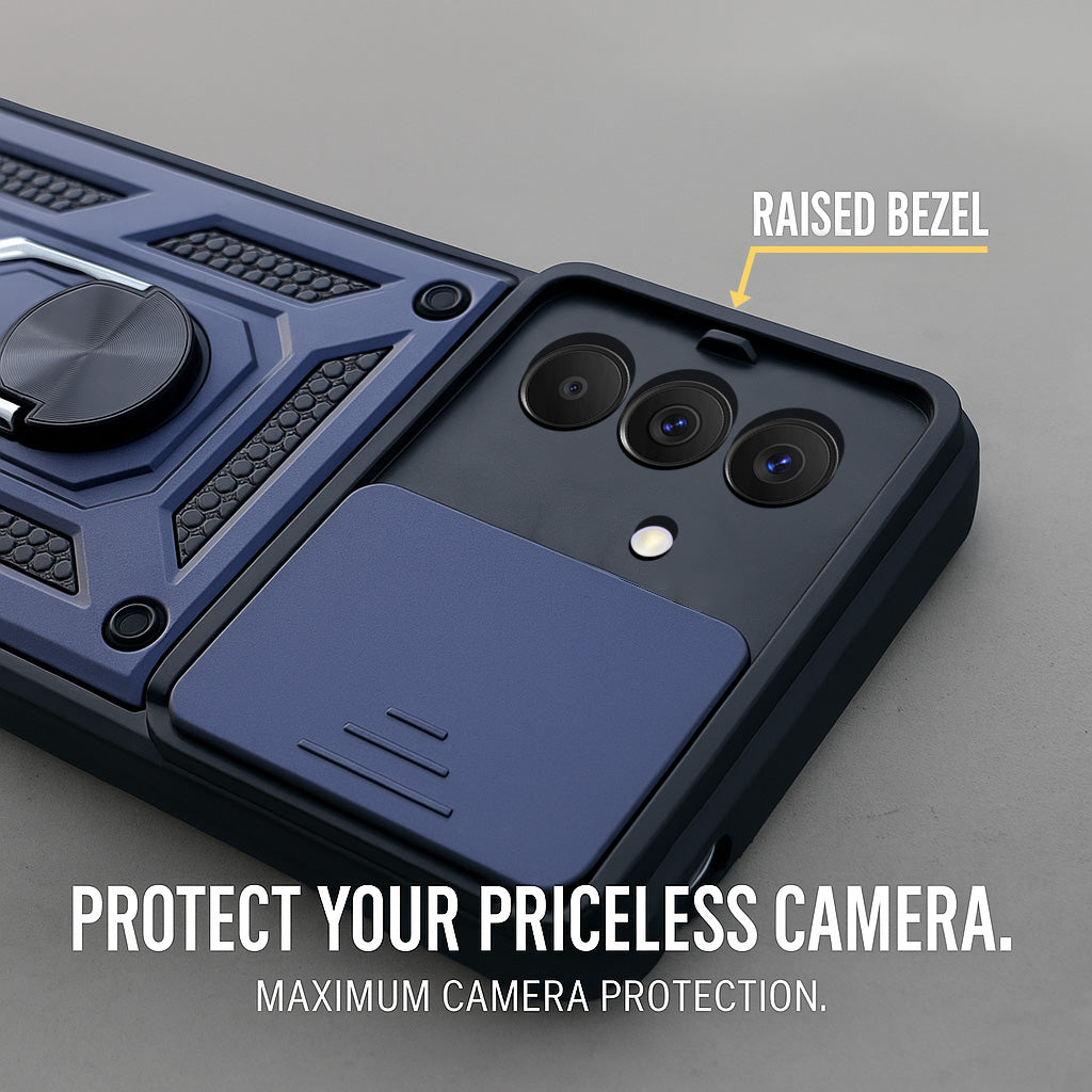 For Samsung Galaxy A57 5G Back Cover Case Hybrid Armor (Sliding Shutter Camera Protection | Polycarbonate |Ring Holder Kickstand)