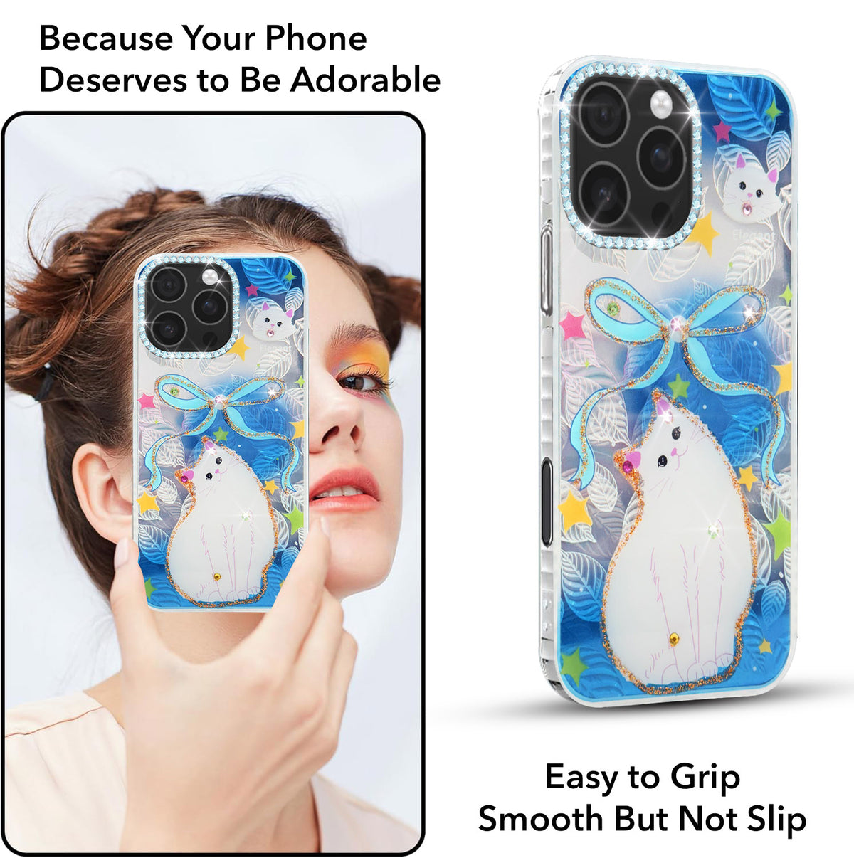 For iPhone 16 Pro Max Back Cover Case (Luxury Floral Glitter Cute Butterfly | Diamond Studded Camera Bump | Girls & Women Design)