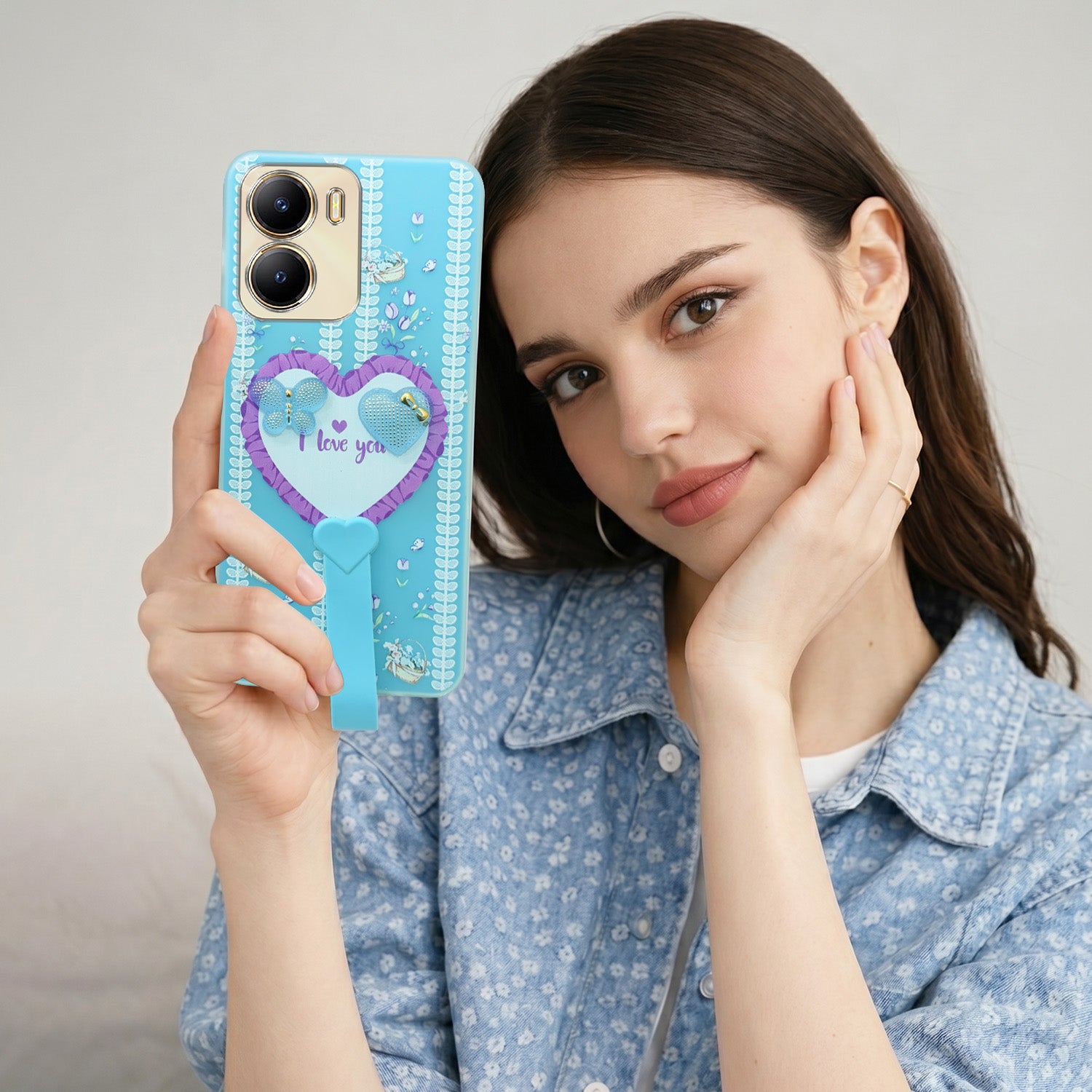 For Vivo Y56 5G Back Cover Case (3D Cute Heart Strap Holder | Camera Protection | Designer Girls Print)