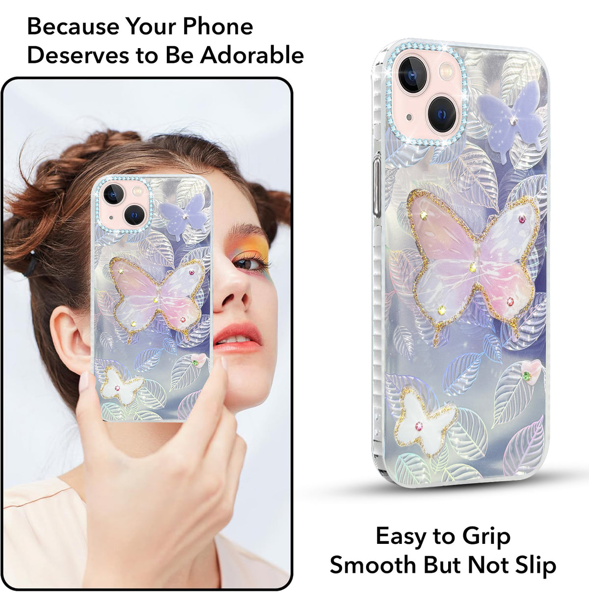 For Apple iPhone 14 Plus Back Cover Case (Luxury Floral Glitter Cute Butterfly | Diamond Studded Camera Bump | Girls & Women Design)