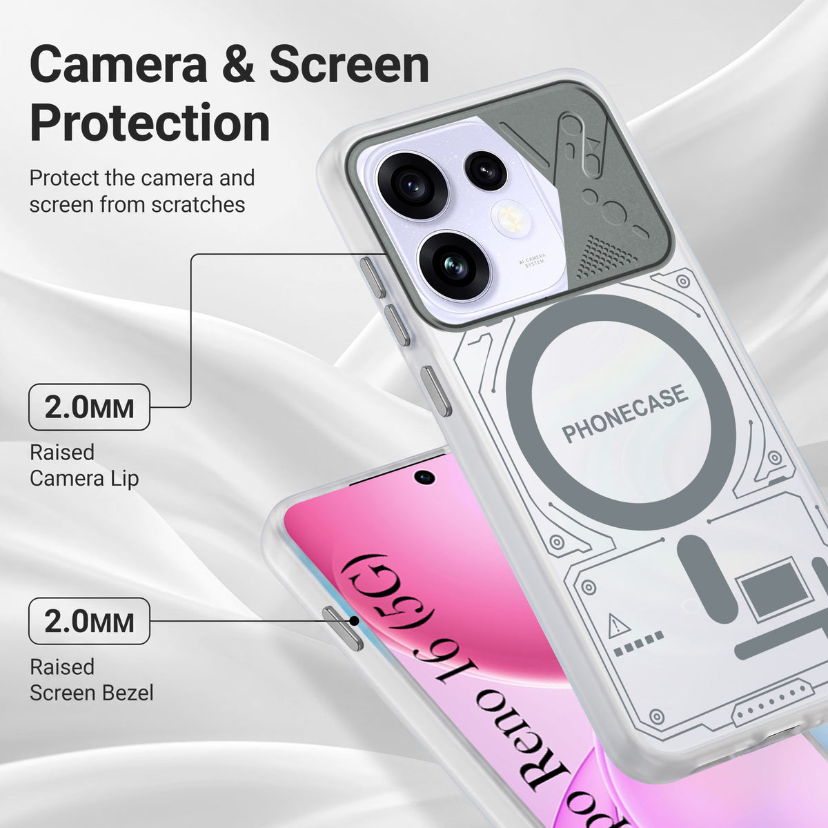 For Oppo Reno 16 Metallic Back Cover Case (Metallic Camera Protection & Buttons | Translucent Milky Shade | Hard Polycarbonate)
