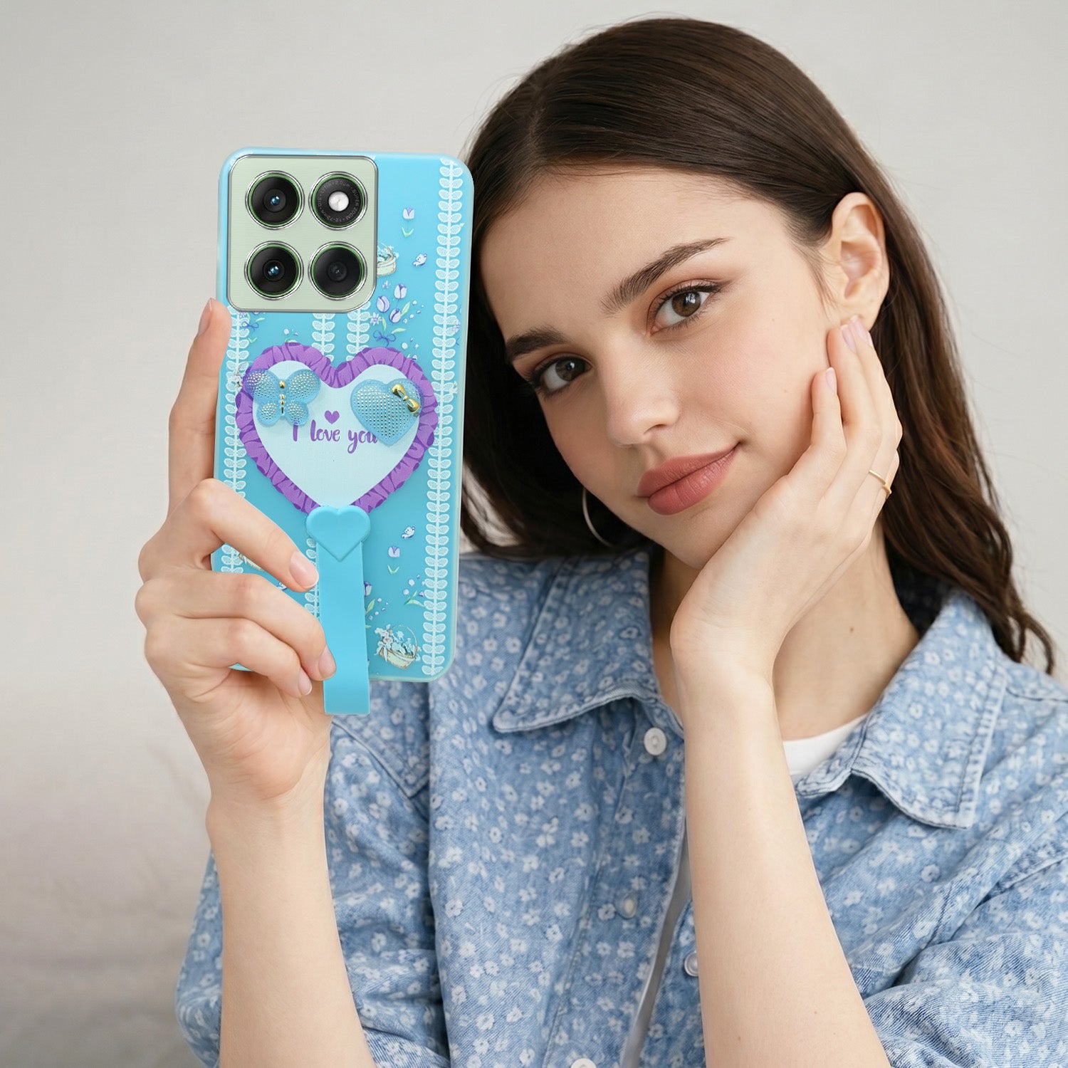 For Motorola Moto Edge 60 Back Cover Case (3D Cute Heart Strap Holder | Camera Protection | Designer Girls Print)