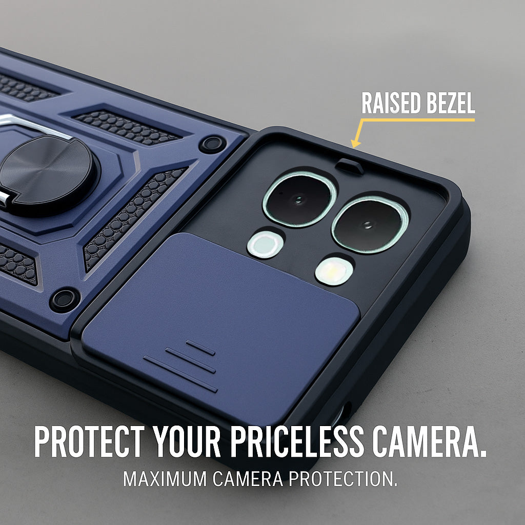 For Vivo iQOO Z11x 5G Back Cover Case Hybrid Armor (Sliding Shutter Camera Protection | Polycarbonate |Ring Holder Kickstand)