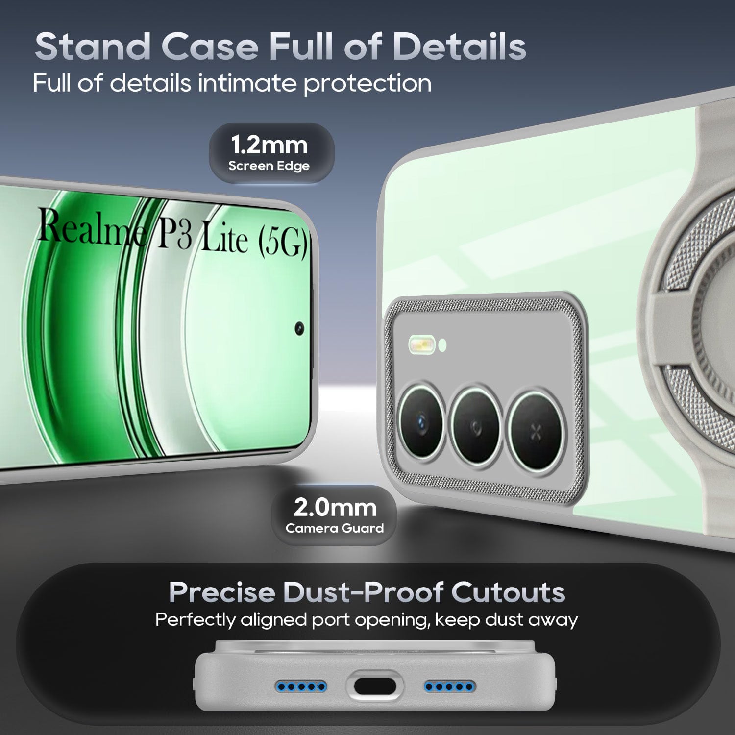 For Realme P3 lite Back Cover Case with stand (Built-in Ring Holder Kickstand | Lifetime Anti Yellow | Camera Protection)