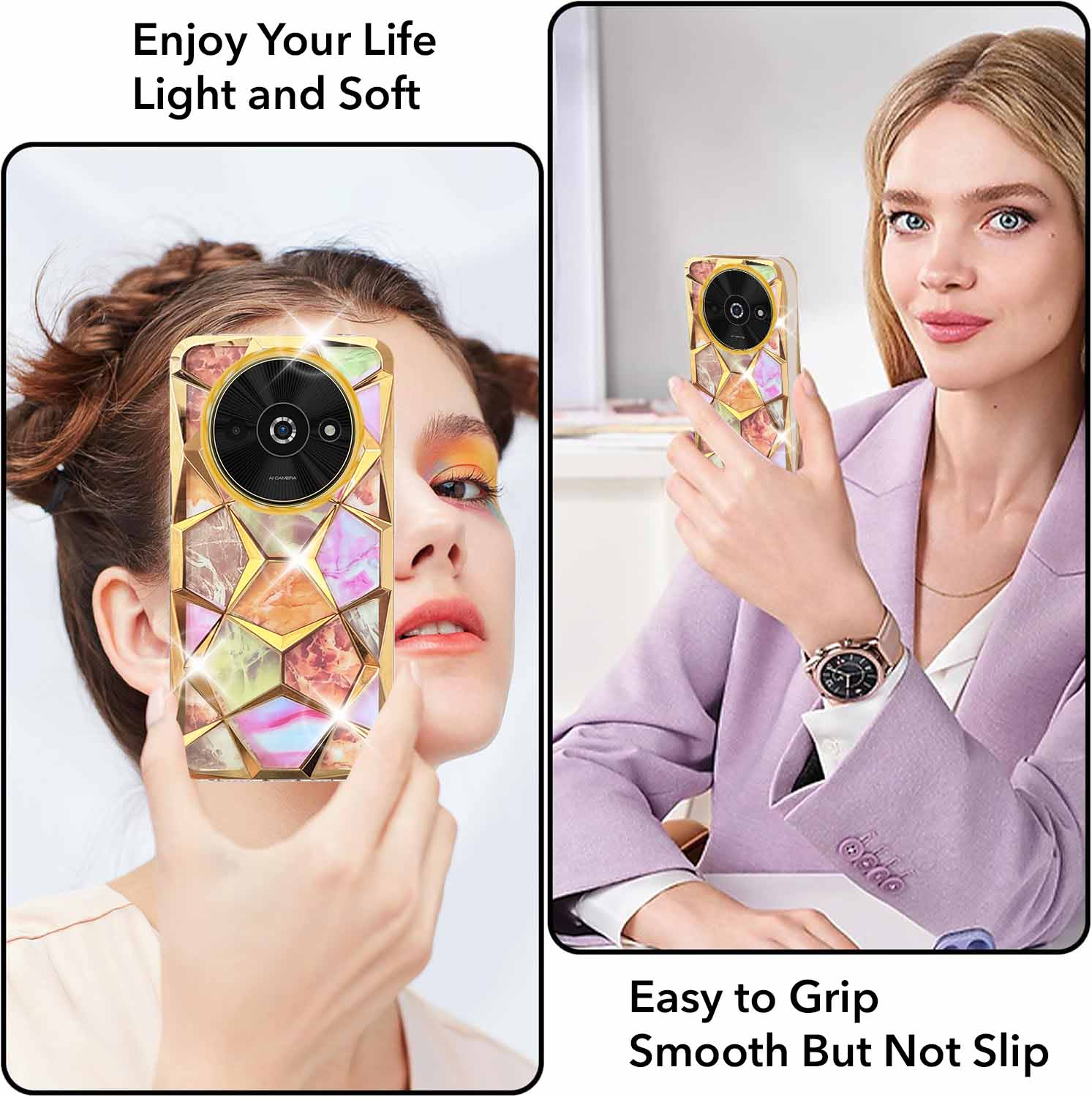 For Xiaomi Poco C61 Back Cover Case ( Dual Design Glitter Sparkle and Detachable Diamond Print Case | Soft and Flexible)