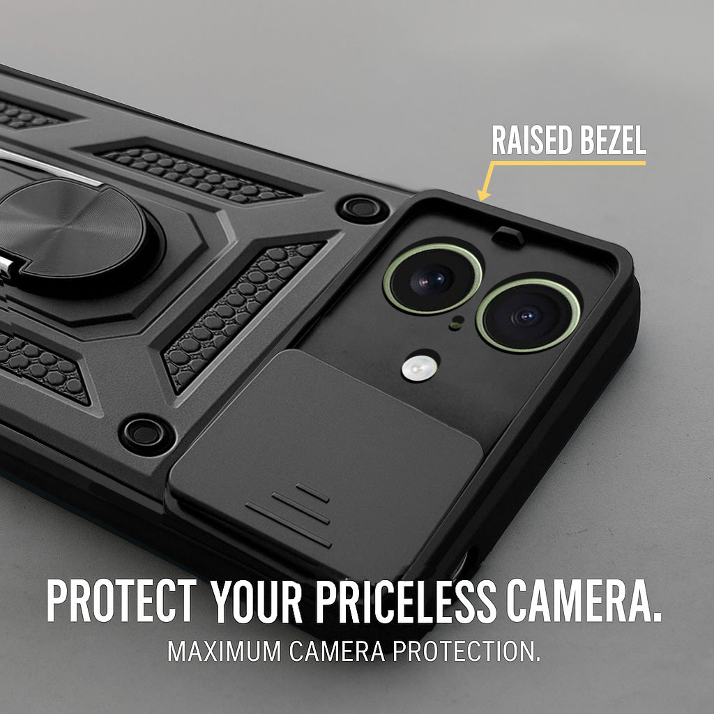 For Apple iPhone 17 Back Cover Case (Sliding Shutter Camera Protection | Polycarbonate |Ring Holder Kickstand)