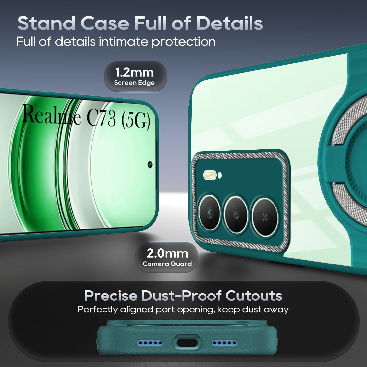 For Realme C73 Back Cover Case with stand (Built-in Ring Holder Kickstand | Lifetime Anti Yellow | Camera Protection)