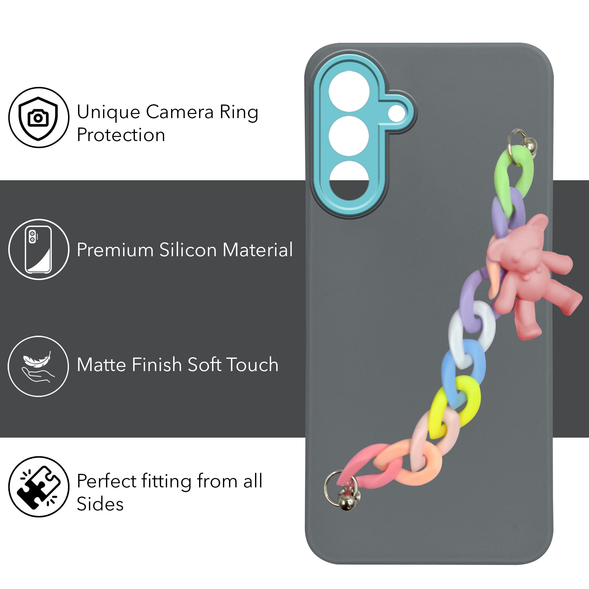 For Samsung Galaxy A26 5G Back Cover Case Silicone (Matte Finish |Wrist Hanging Chain | Teddy Bracelet Charms | Full Camera Protection)