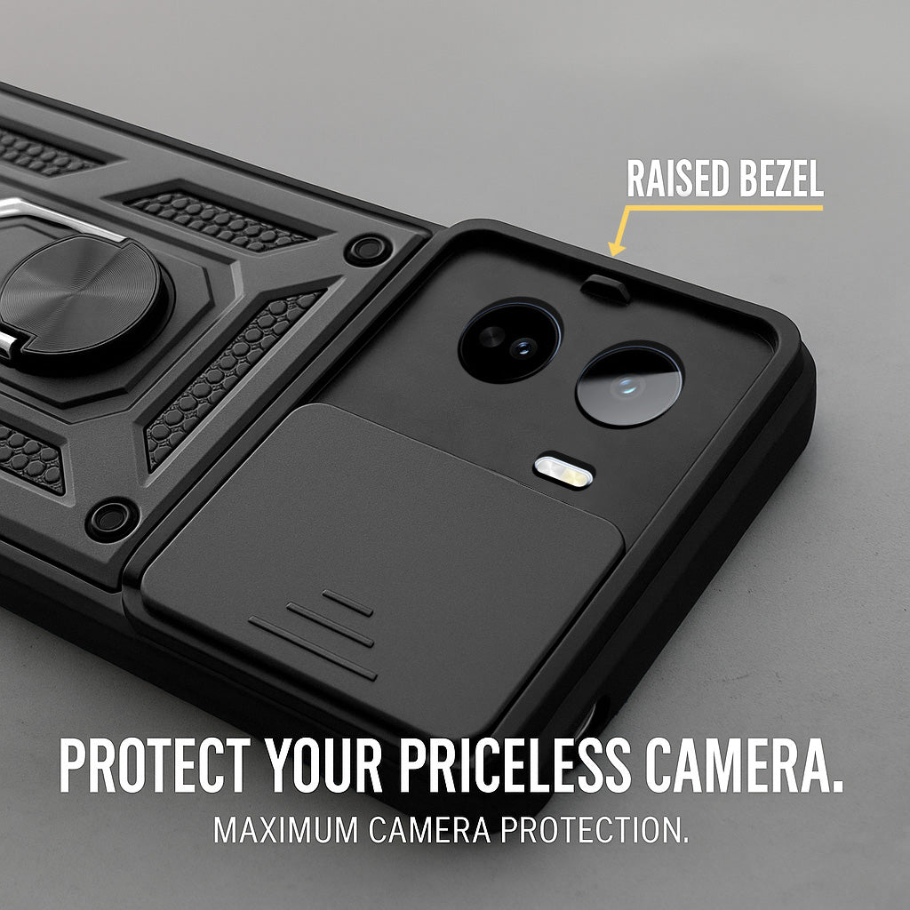 For Vivo T5 Pro 5G Back Cover Case Hybrid Armor (Sliding Shutter Camera Protection | Polycarbonate |Ring Holder Kickstand)