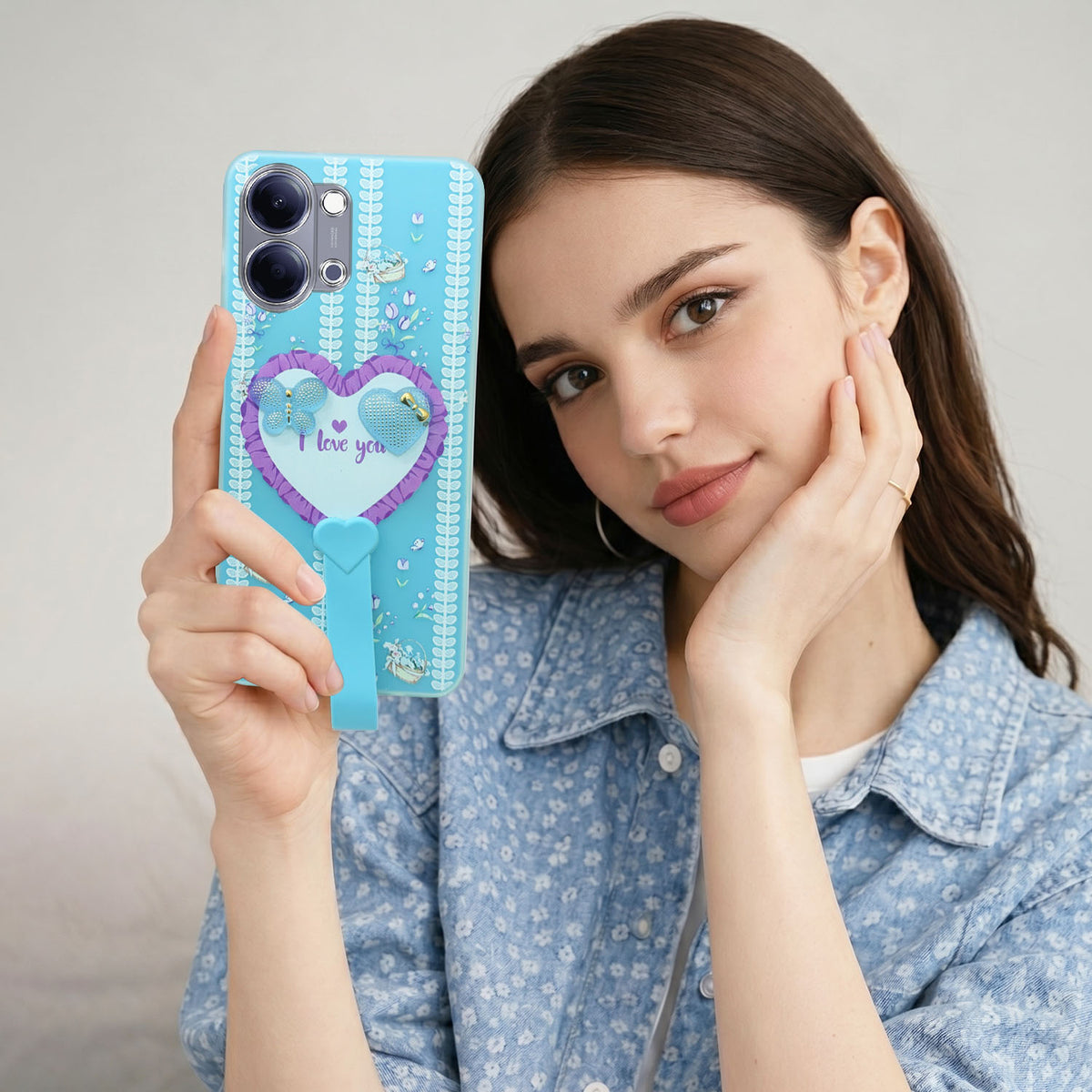 For Vivo Y05 (4G) | Vivo T5 Lite (5G) Back Cover Case (3D Cute Heart Strap Holder | Camera Protection | Designer Girls Print)
