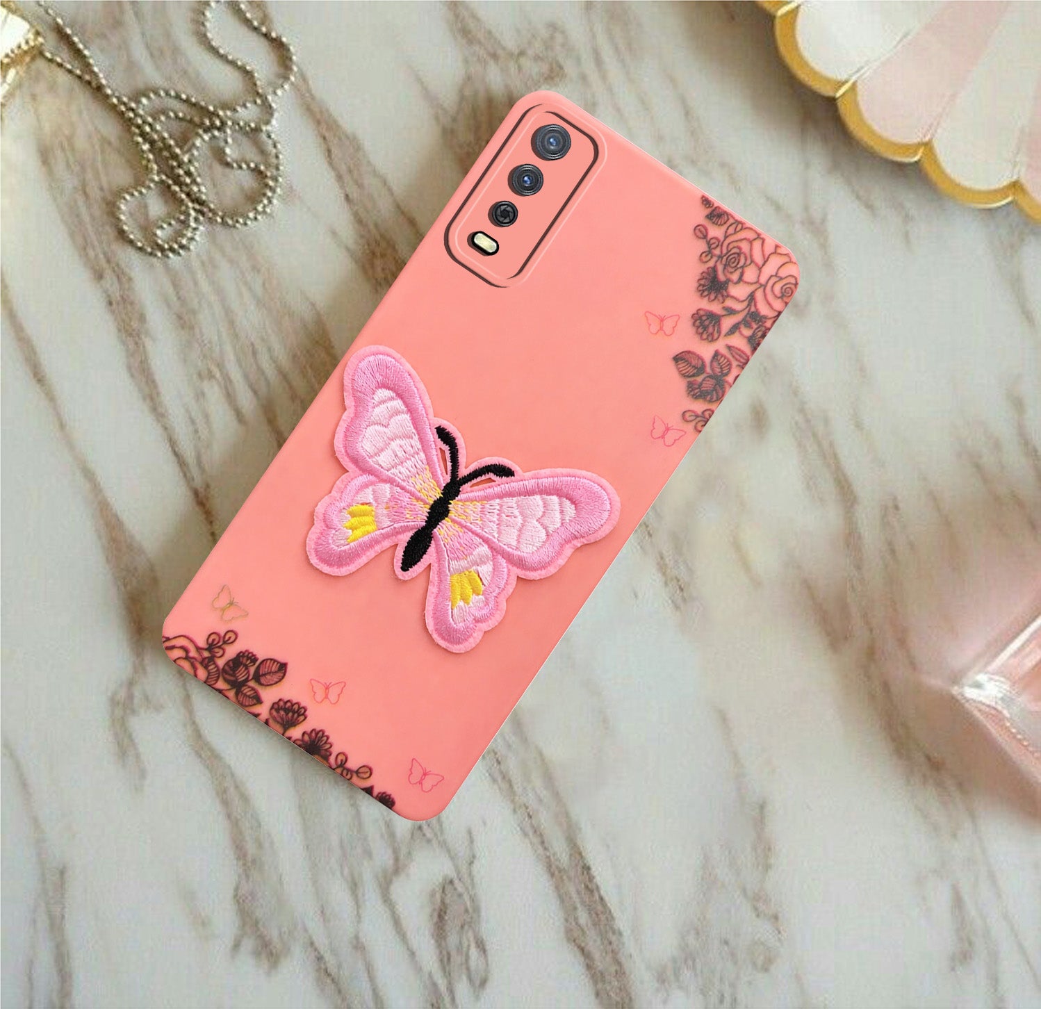 For Vivo Y12s | Y11s | Y12G Back Cover Case (Soft Butterfly Embroidery | Women Teen Girls | Camera Protection| Matte Silicone)