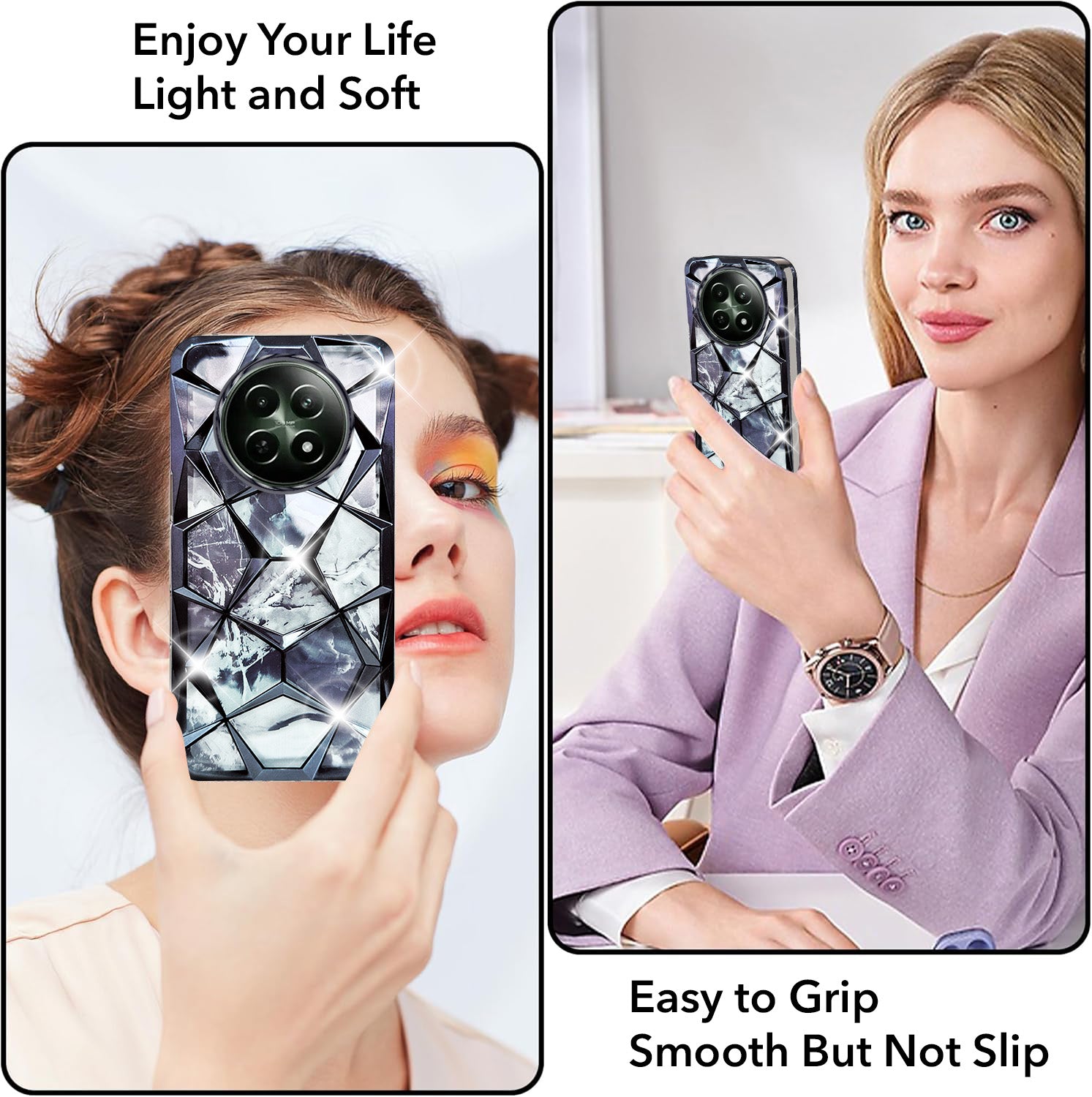 For Realme 12 | Realme 12X Back Cover Case( Dual Design Glitter Sparkle and Detachable Diamond Print Case | Soft and Flexible)