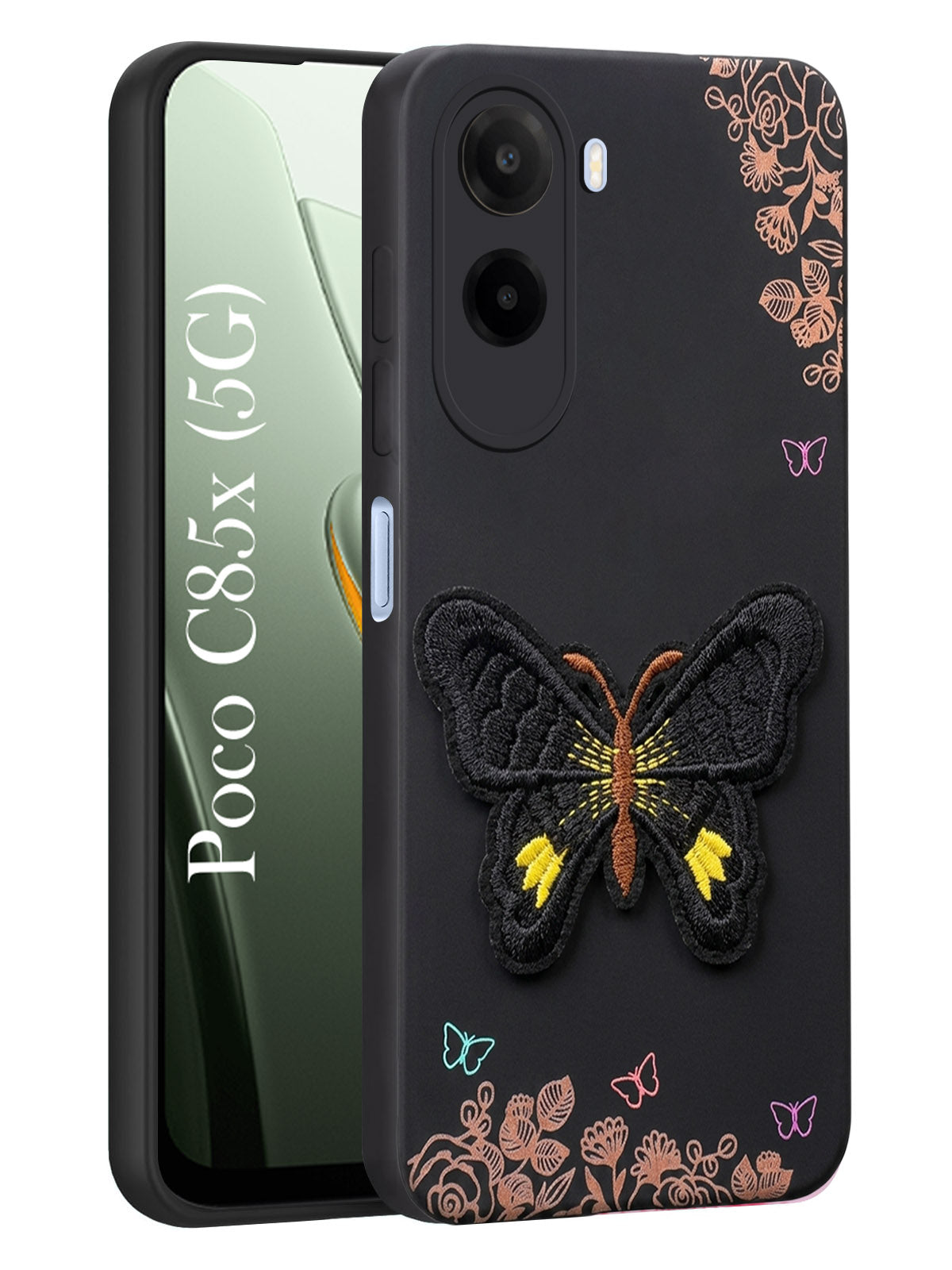 For Poco C85x 5G Back Cover Case (Soft Butterfly Embroidery | Women Teen Girls | Camera Protection| Matte Silicone)