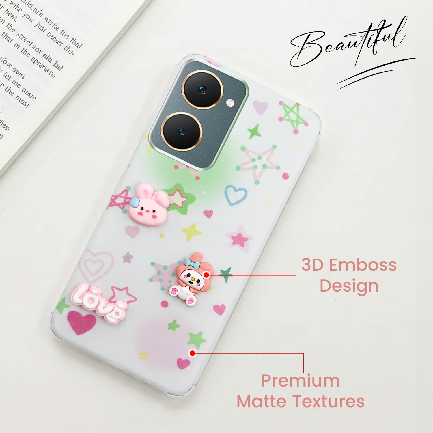 For Vivo Y18 | Y18e | Y03 | Y18i | Y18t Back Cover Case (3D Cute Cartoons | Hard Back Side Soft | Matte Premium Finish | HD Printing)