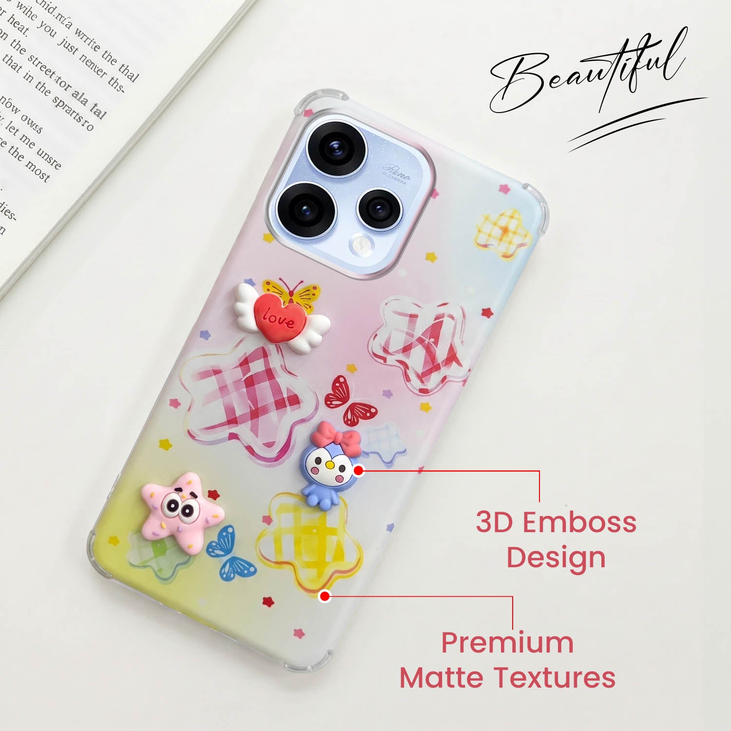 For Oppo Reno15 5G | Oppo Reno 15 5G Back Cover Case (3D Cute Cartoons | Hard Back Side Soft | Matte Premium Finish | HD Printing)