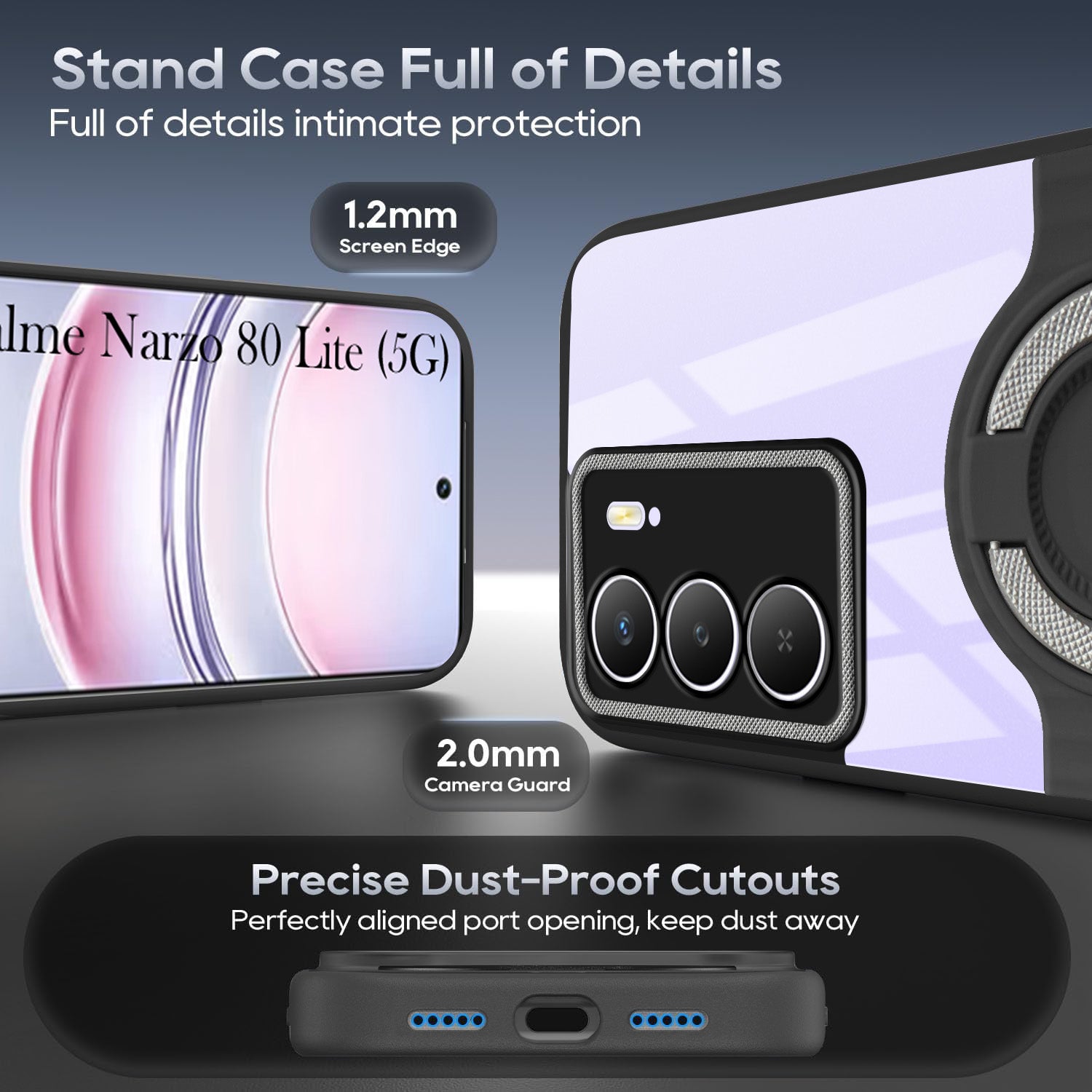 For Realme Narzo 80 Lite 5G Back Cover Case with stand (Built-in Ring Holder Kickstand | Lifetime Anti Yellow | Camera Protection)
