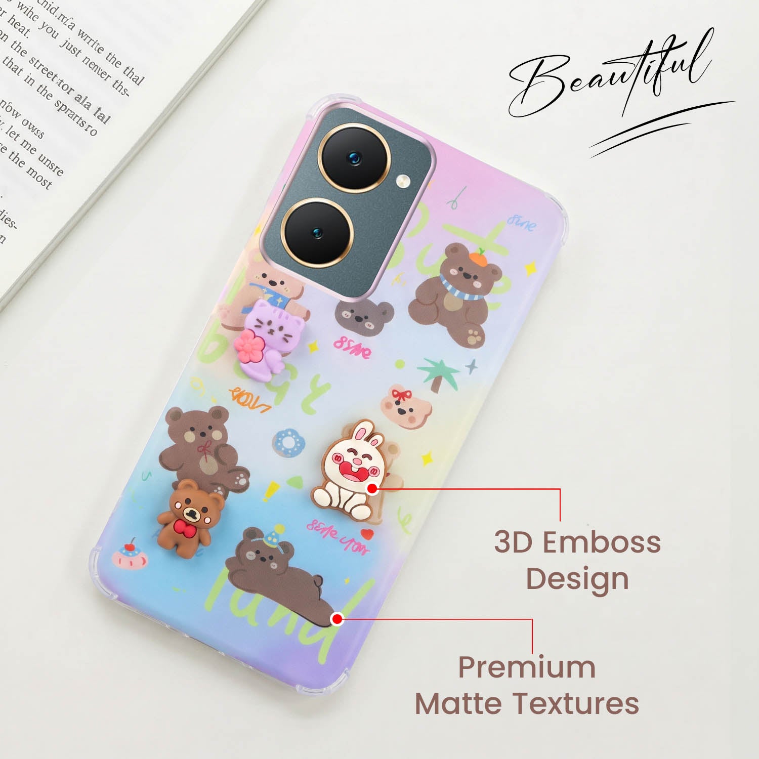 For Vivo Y18 | Y18e | Y03 | Y18i | Y18t Back Cover Case (3D Cute Cartoons | Hard Back Side Soft | Matte Premium Finish | HD Printing)