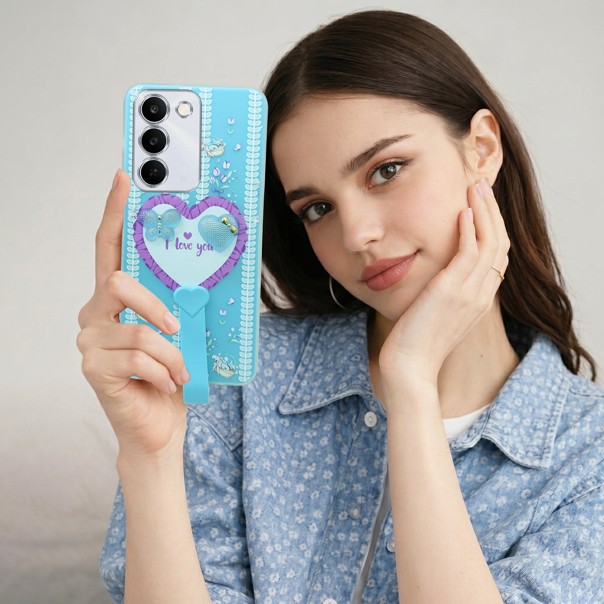 For Realme P4 Lite 5G | Narzo 100 Lite 5G Back Cover Case (3D Cute Heart Strap Holder | Camera Protection | Designer Girls Print)