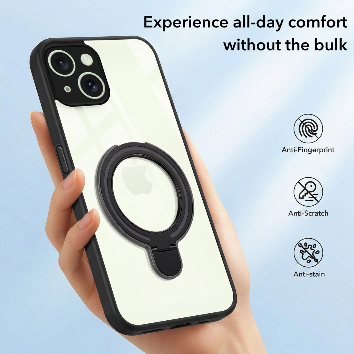 For iPhone 15 Plus Back Cover Case (Kick Stand Ring Holder | Life time Anti Yellow | Camera Protection)