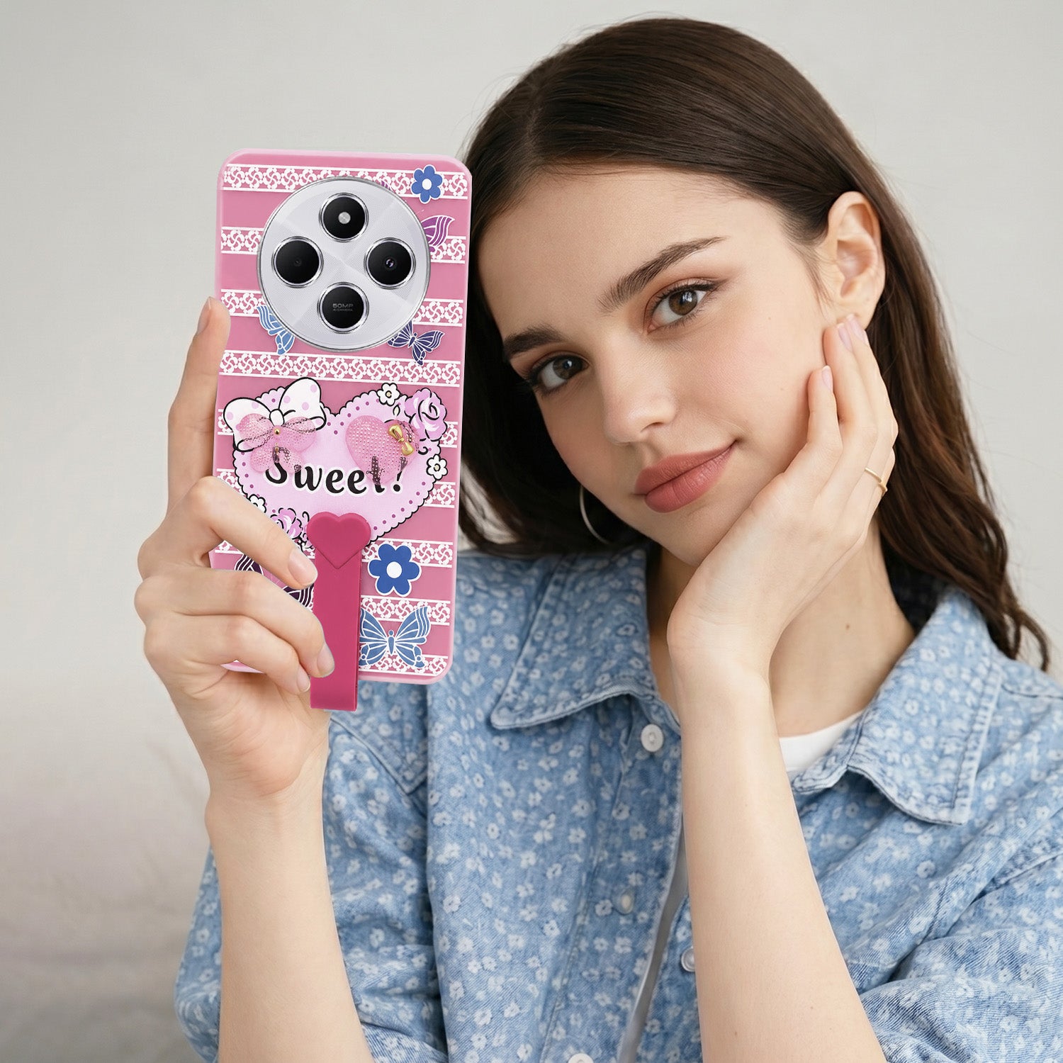 For Redmi A4 5G | Xiaomi Redmi 14C Back Cover Case (3D Cute Heart Strap Holder | Camera Protection | Designer Girls Print)