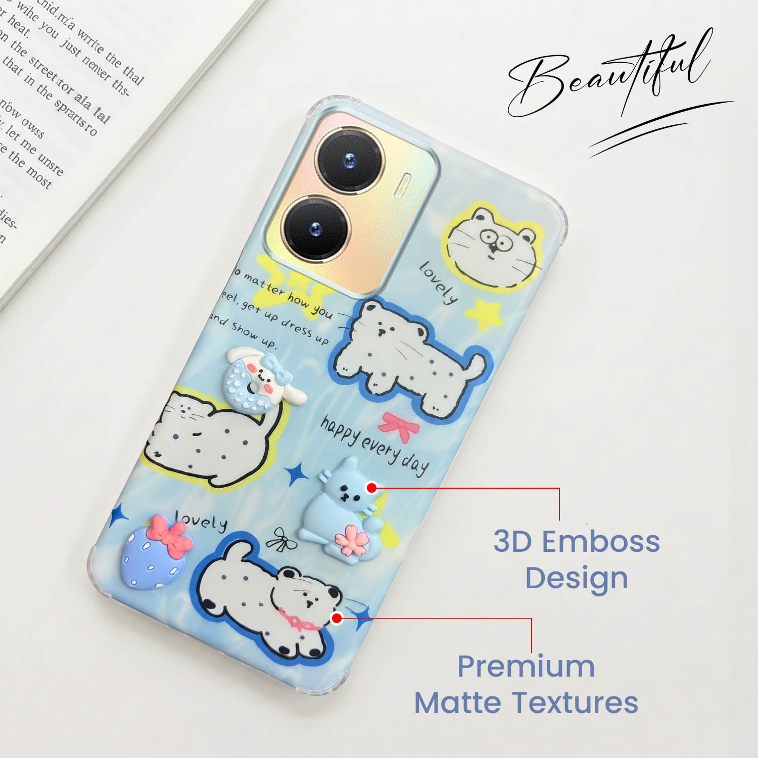 For Vivo T2x Back Cover Case (3D Cute Cartoons | Hard Back Side Soft | Matte Premium Finish | HD Printing)
