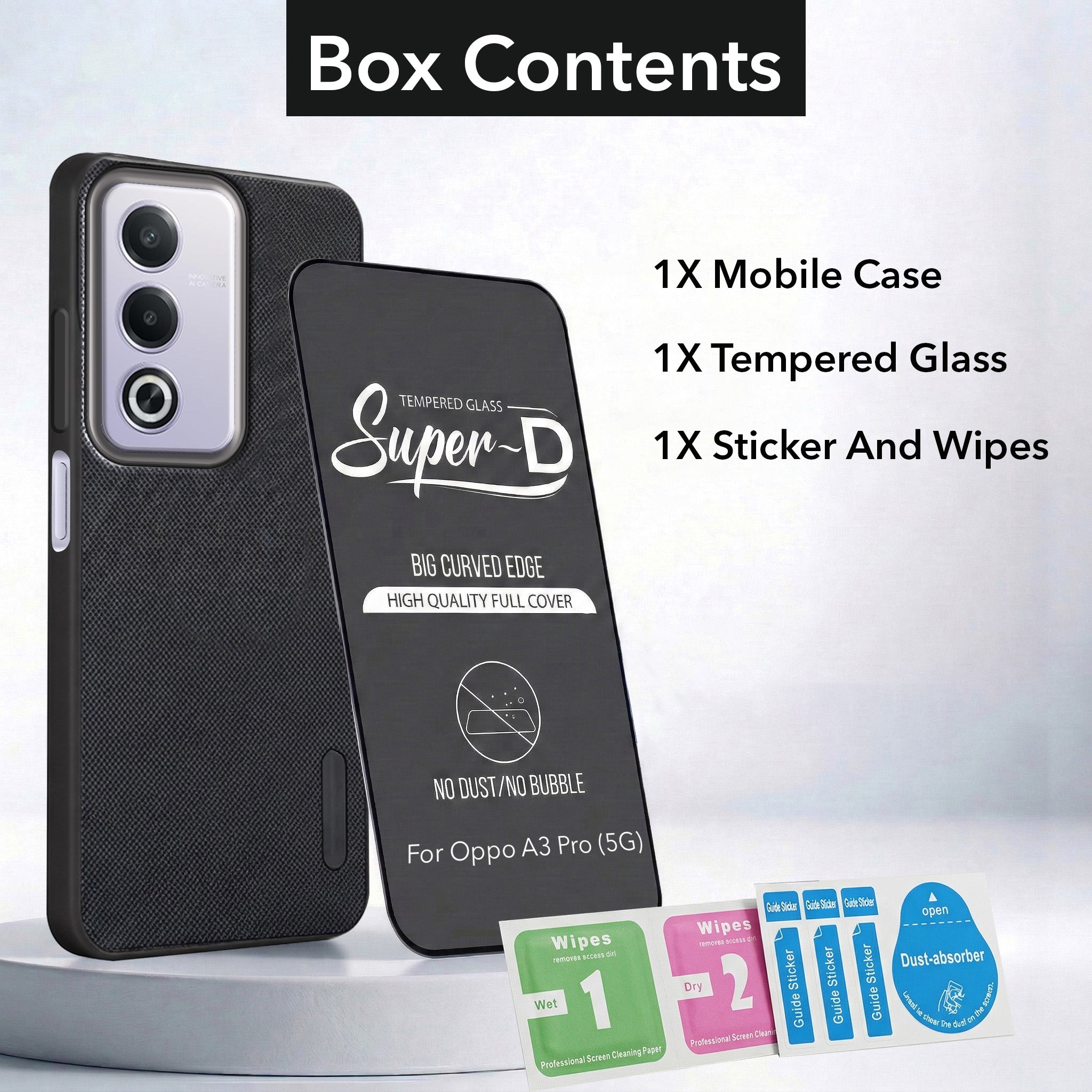For Oppo A3 Pro 5G Combo with Back Cover and 9H Tempered Glass (Textured Grip Design | Micro-Fiber Cloth Inside | Oleophobic Coating Screen Glass)