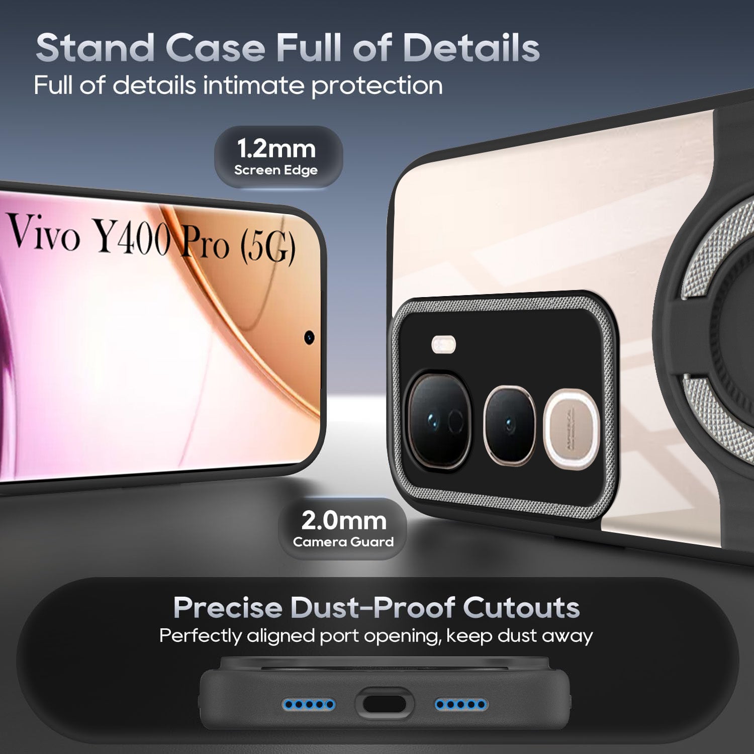 For Vivo Y400 Pro Back Cover Case with stand (Built-in Ring Holder Kickstand | Lifetime Anti Yellow | Camera Protection)