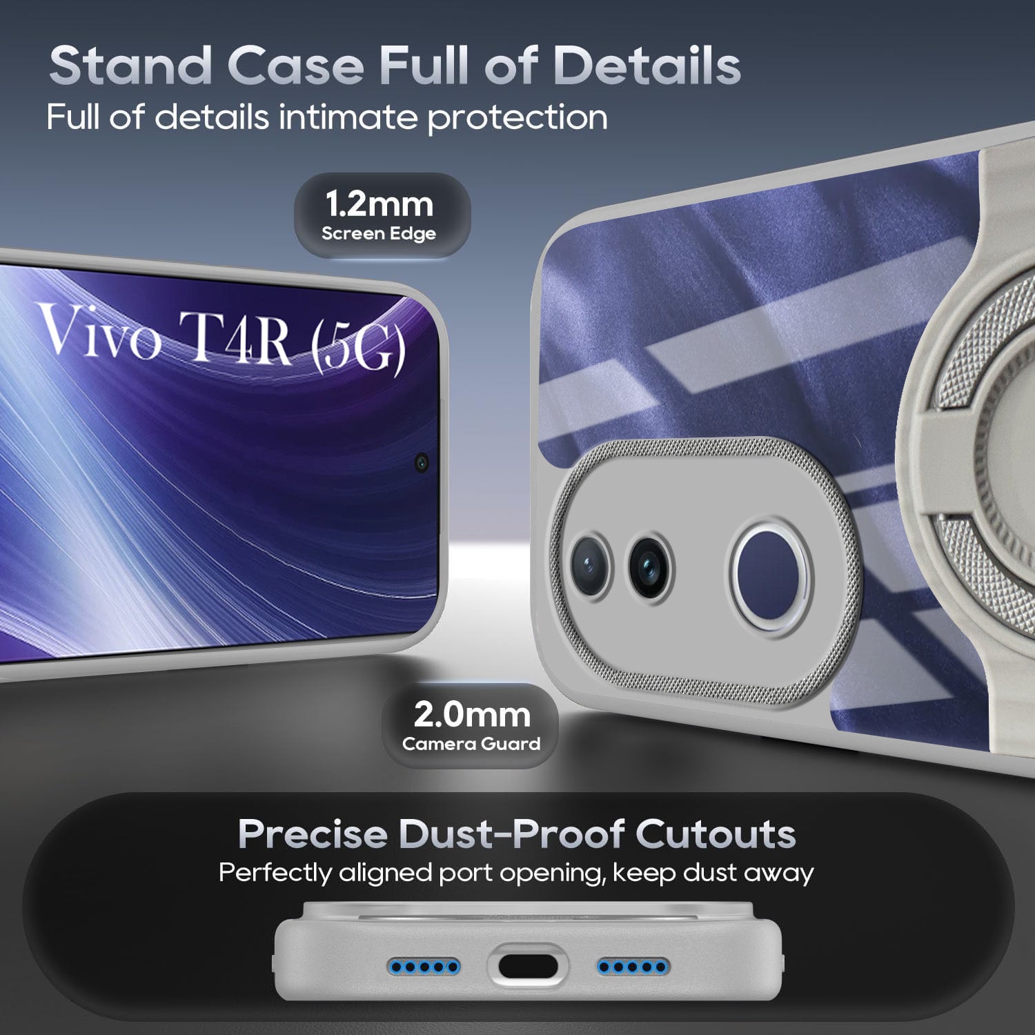 For Vivo T4R Back Cover Case with stand (Built-in Ring Holder Kickstand | Lifetime Anti Yellow | Camera Protection)
