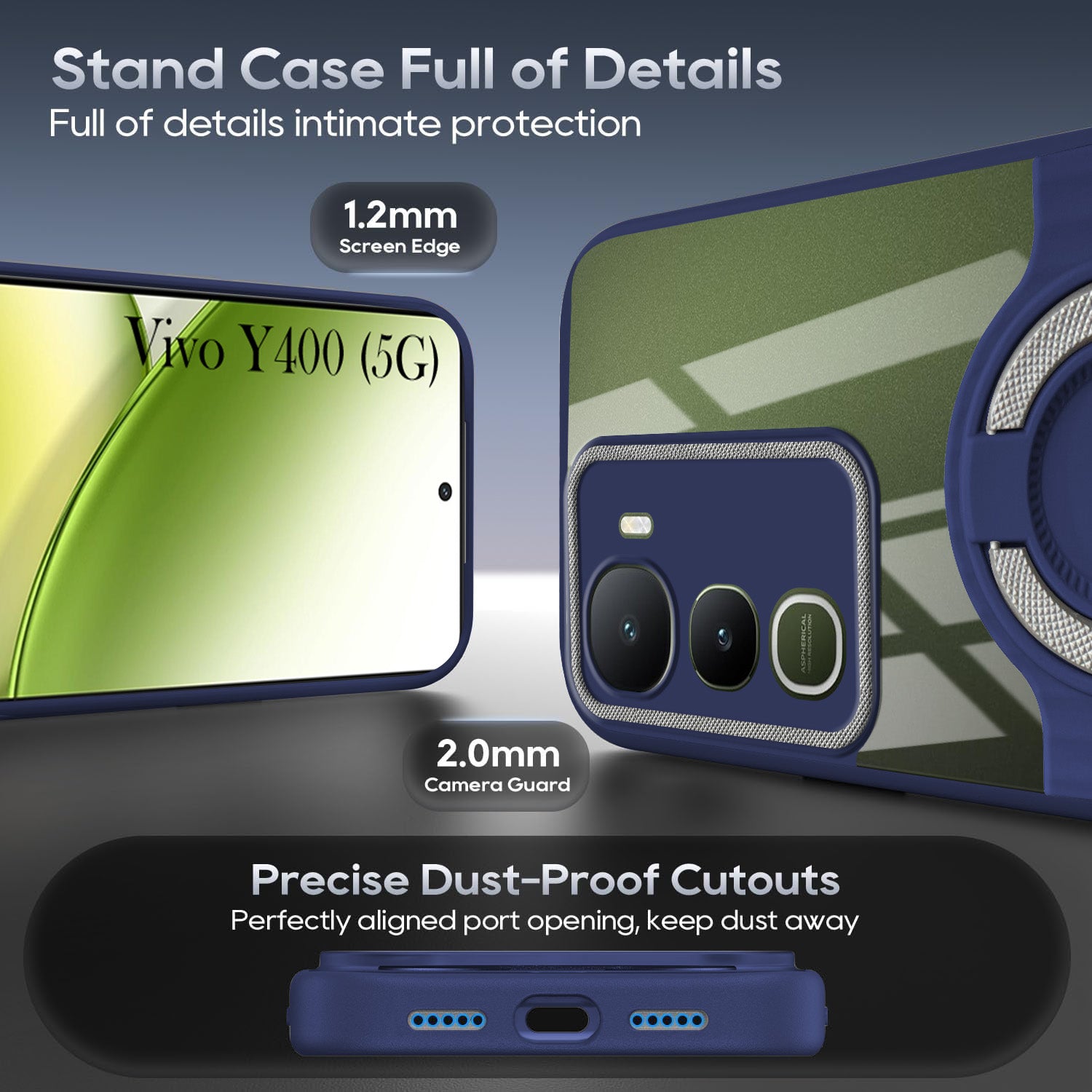 For Vivo Y400 Back Cover Case with stand (Built-in Ring Holder Kickstand | Lifetime Anti Yellow | Camera Protection)