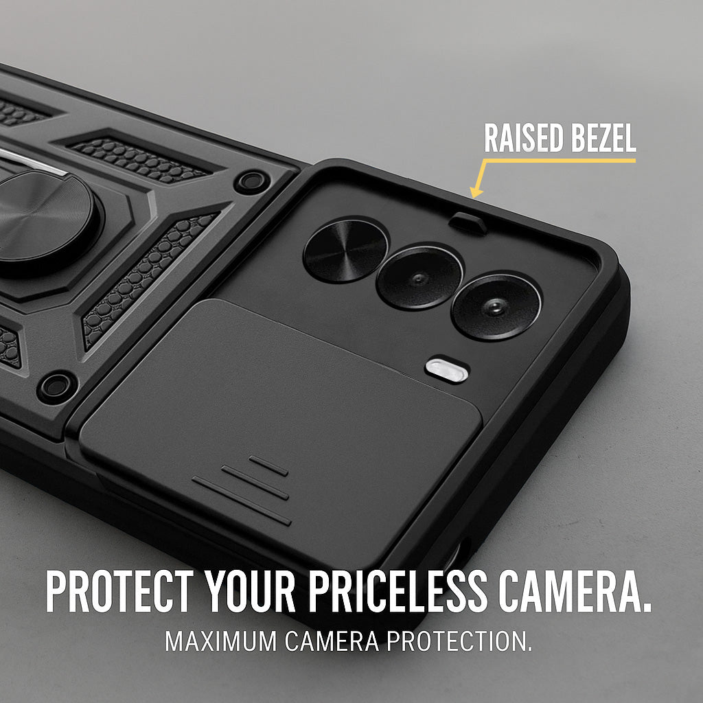 For Realme P4x Back Cover Case Hybrid Armor (Sliding Shutter Camera Protection | Polycarbonate |Ring Holder Kickstand)