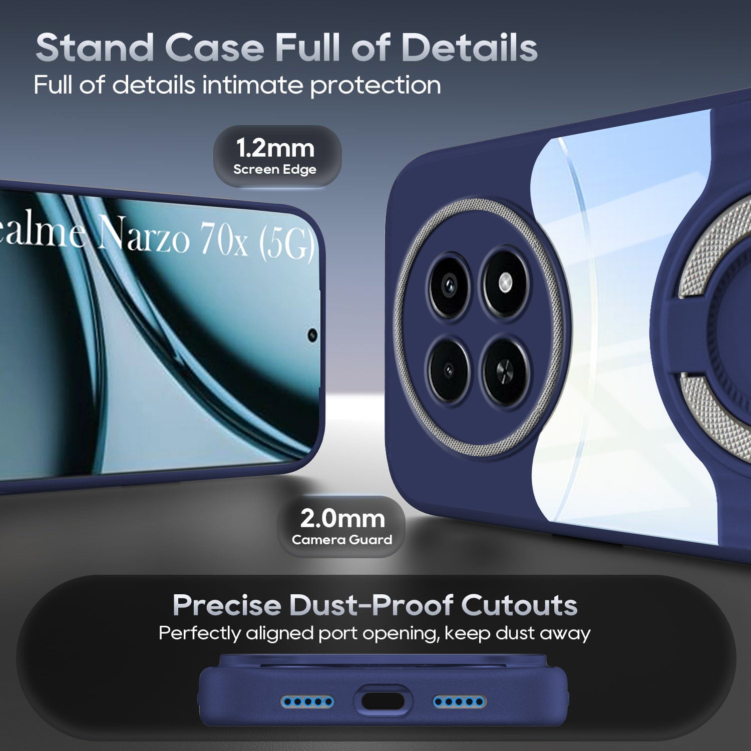 For Realme Narzo 70x 5G Back Cover Case with stand (Built-in Ring Holder Kickstand | Lifetime Anti Yellow | Camera Protection)