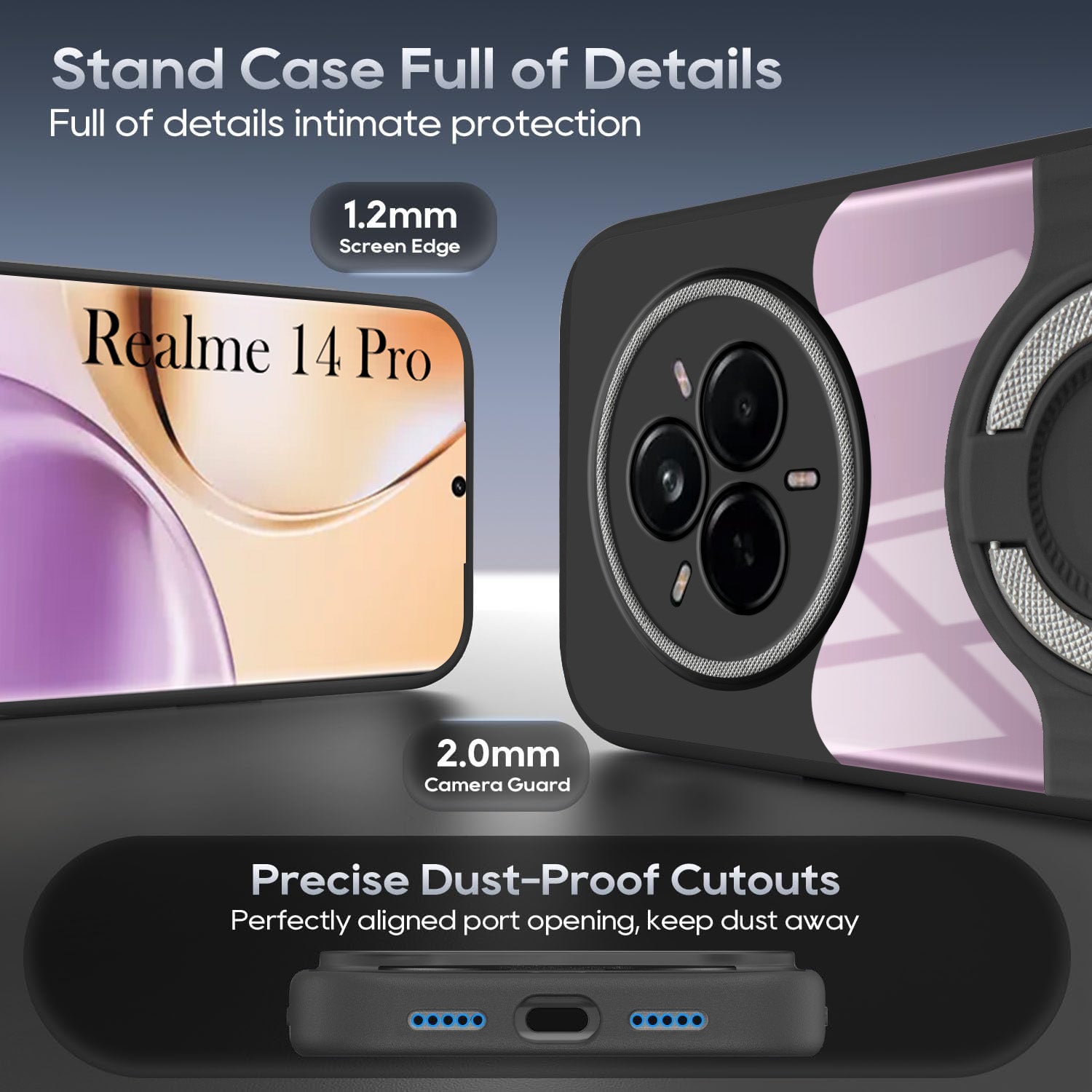 For Realme 14 Pro Back Cover Case with stand (Built-in Ring Holder Kickstand | Lifetime Anti Yellow | Camera Protection)