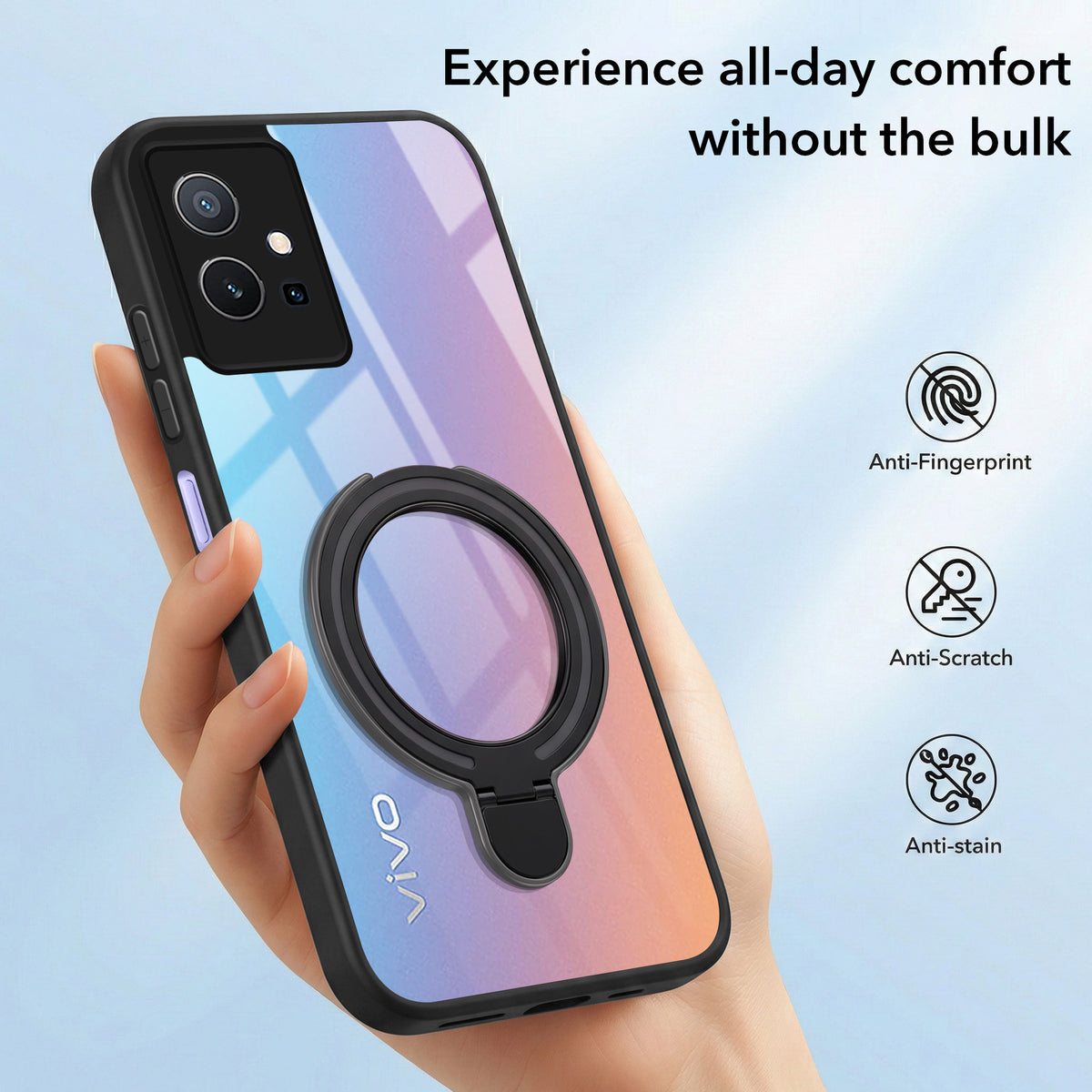 For Vivo Y75 5G | Y55 5G Back Cover Case (Kick Stand Ring Holder | Life time Anti Yellow | Camera Protection)