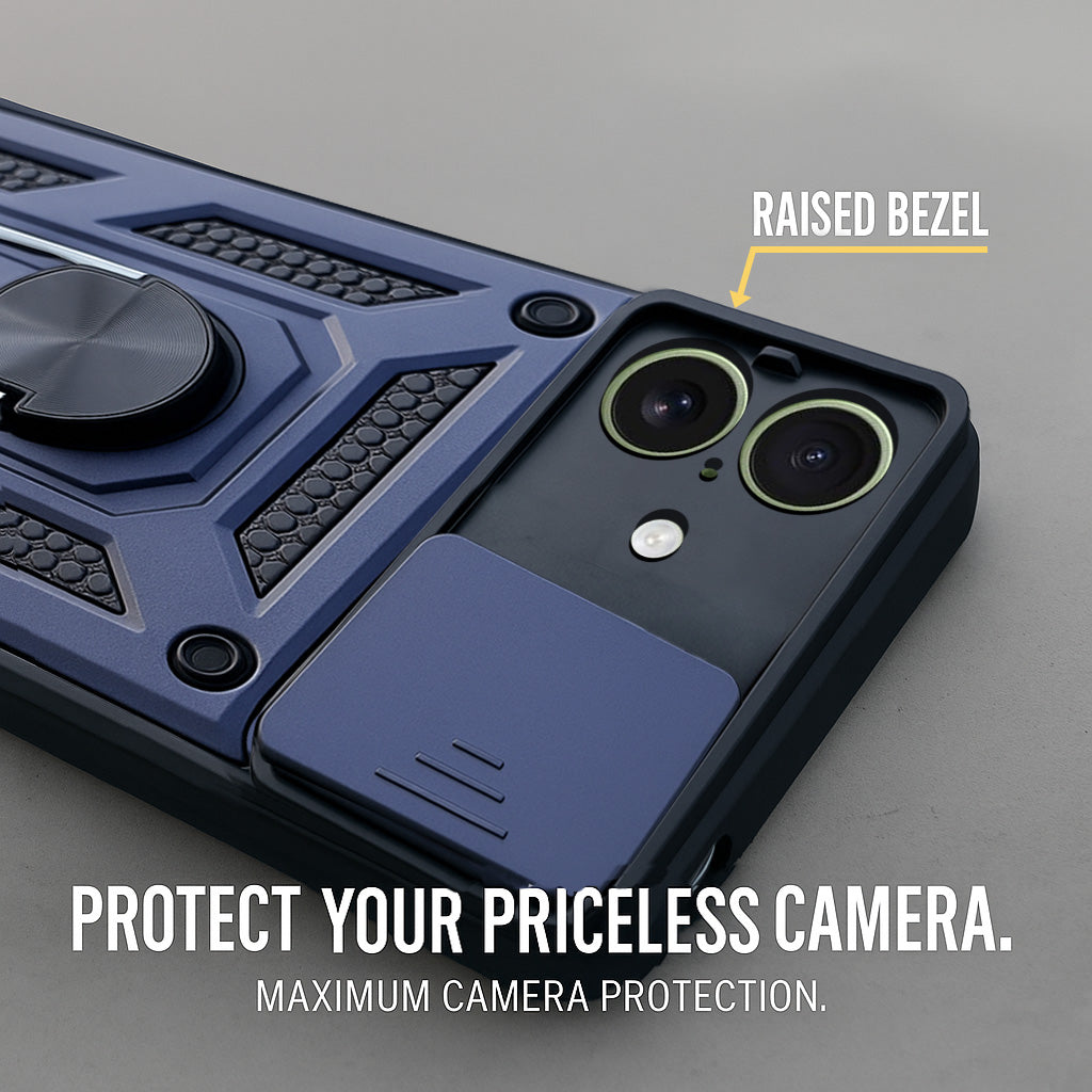 For Apple iPhone 17 Back Cover Case (Sliding Shutter Camera Protection | Polycarbonate |Ring Holder Kickstand)