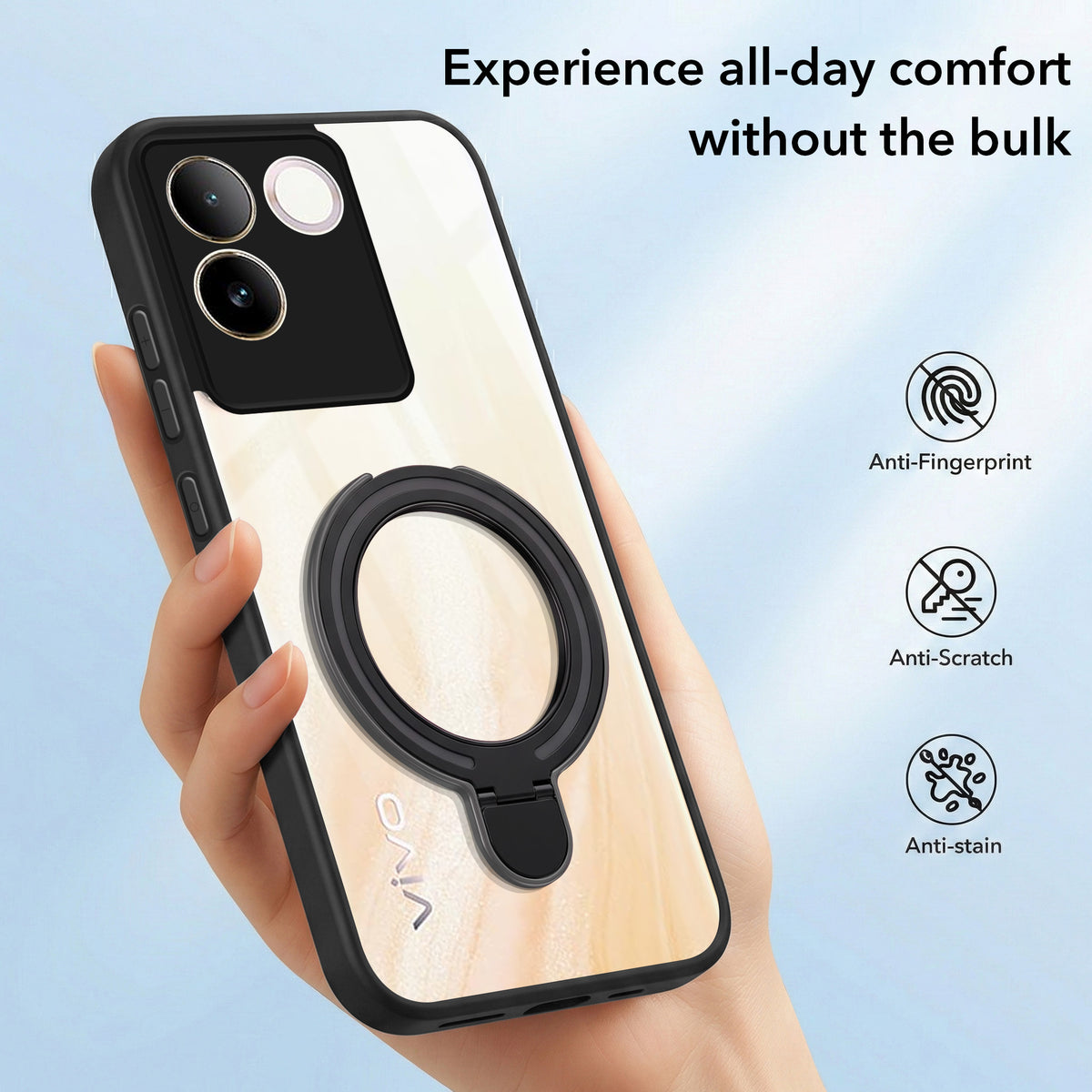 For Vivo T2 Pro Back Cover Case (Kick Stand Ring Holder | Life time Anti Yellow | Camera Protection)