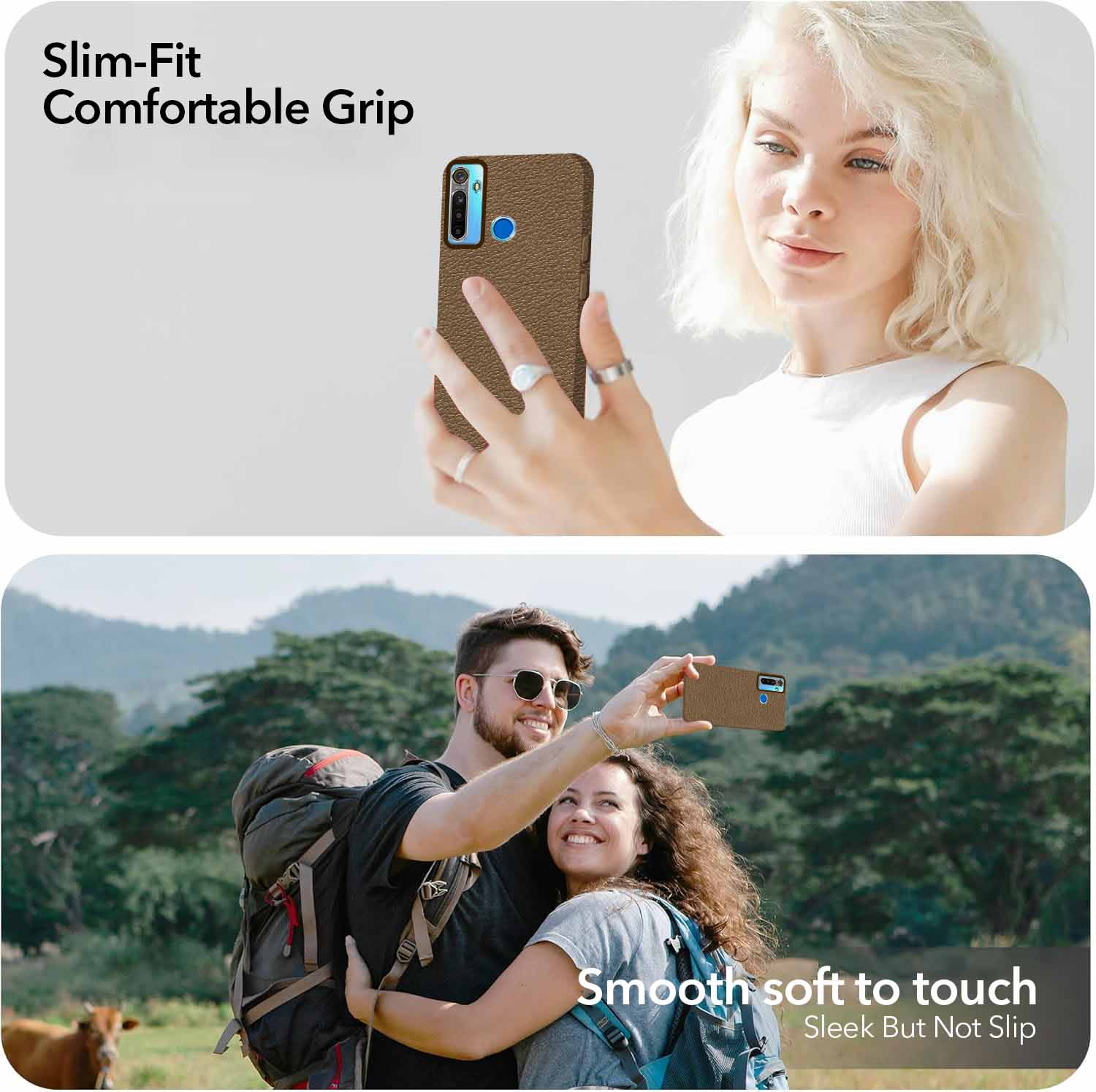 For Realme 5 | 5s | 5i Back Cover Case (Glass Like Camera Protection | Leather Feel | Minimalist Professional Grip)
