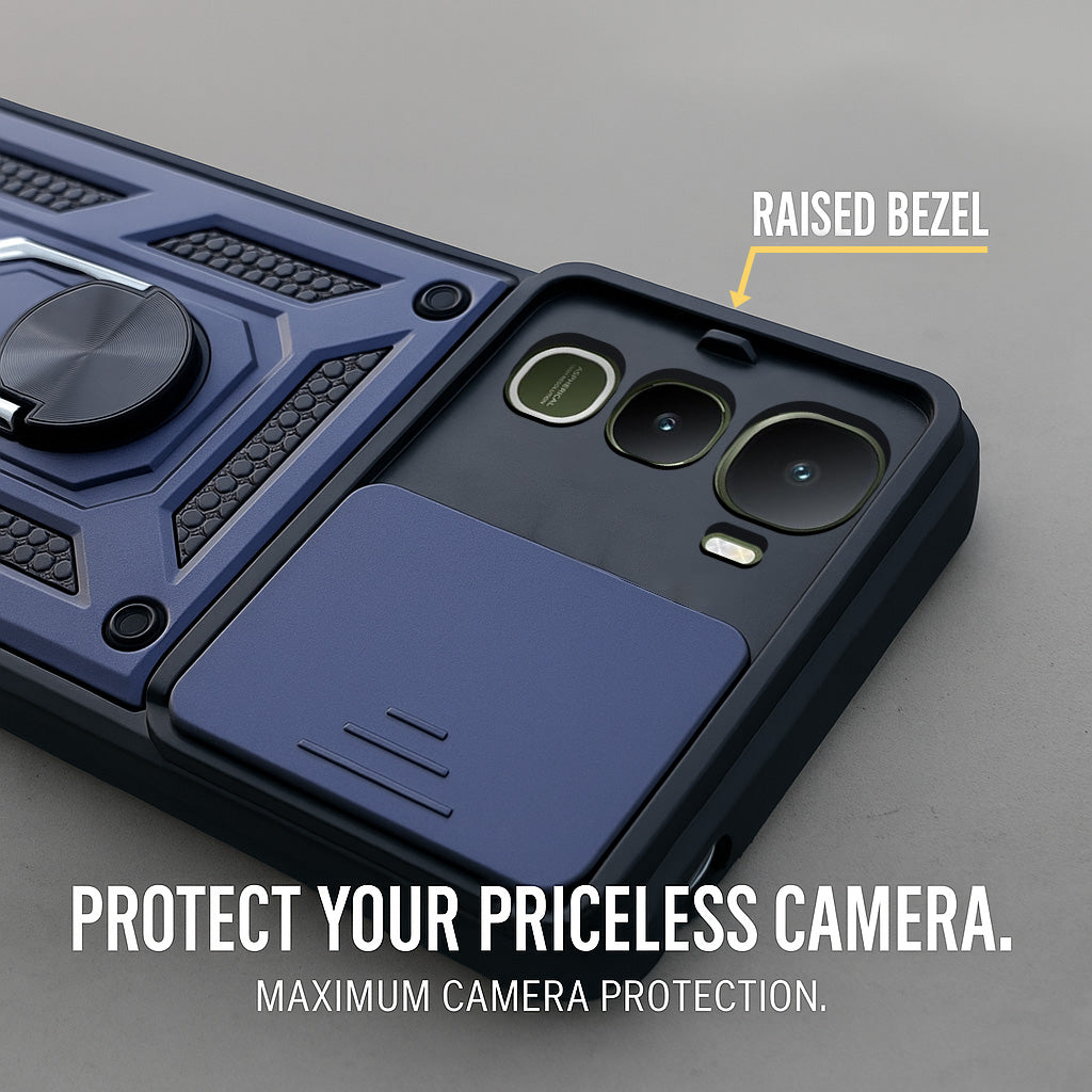 For Vivo Y400 Back Cover Case Hybrid Armor (Sliding Shutter Camera Protection | Polycarbonate |Ring Holder Kickstand)