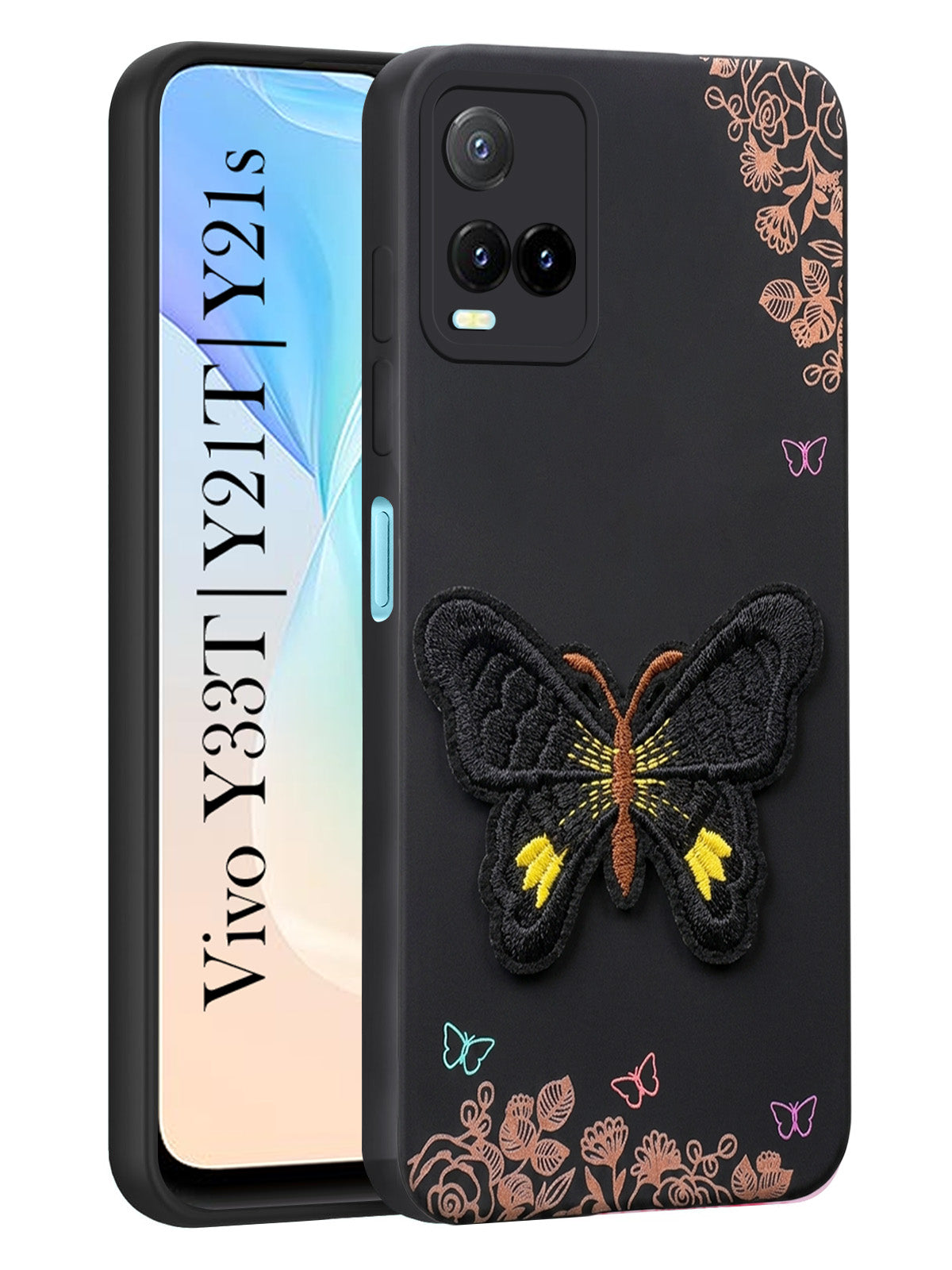 For Vivo Y33T | Vivo Y21T | Vivo Y21s Back Cover Case (Soft Butterfly Embroidery | Women Teen Girls | Camera Protection| Matte Silicone)