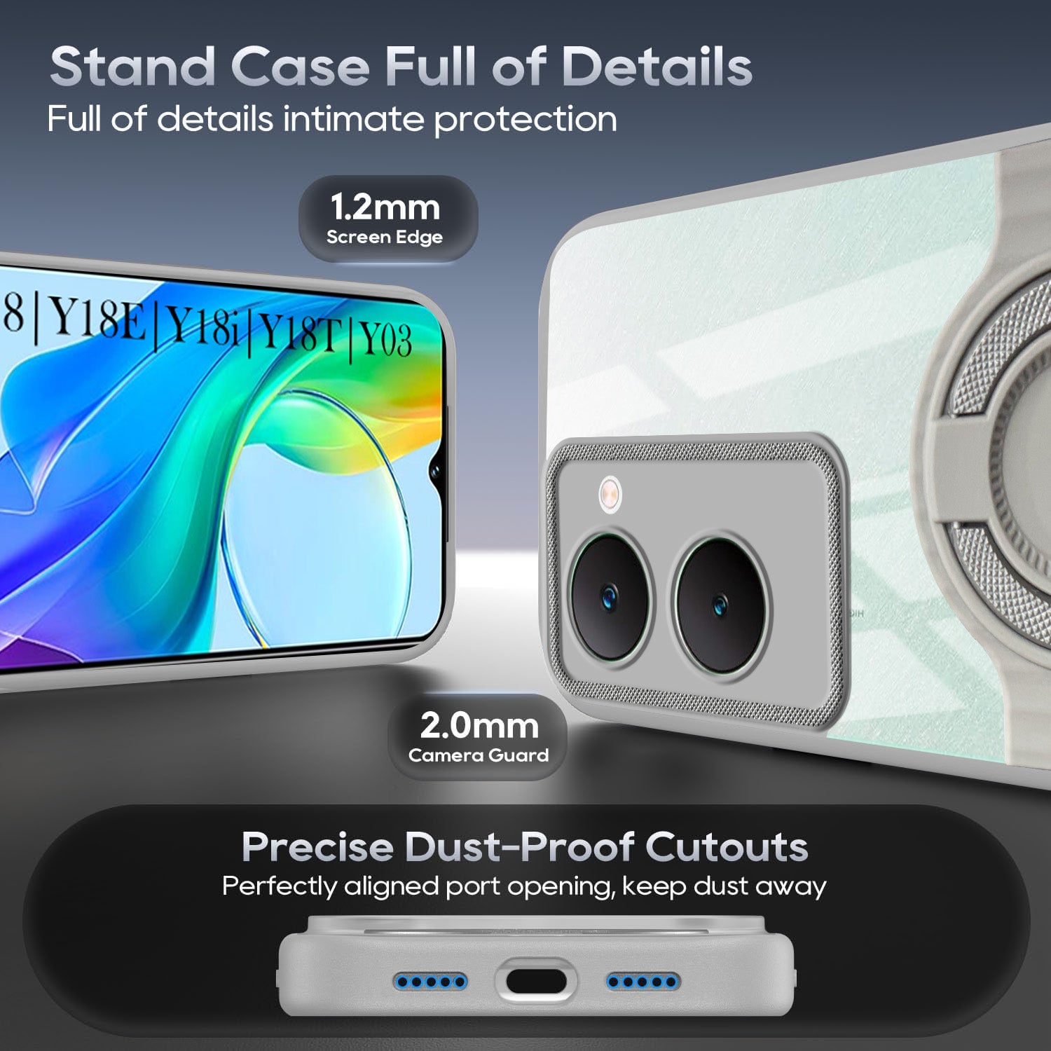 For Vivo Y18 | Y18e | Y03 | Y18i | Y18t Back Cover Case with stand (Built-in Ring Holder Kickstand | Lifetime Anti Yellow | Camera Protection)