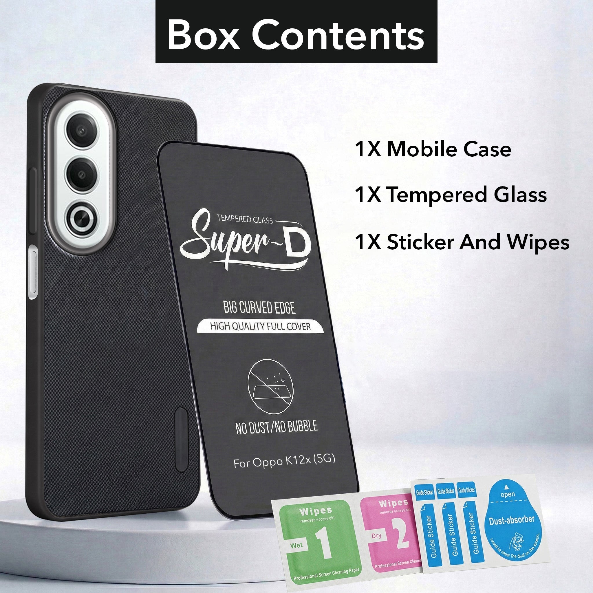 For Oppo K12x 5G Combo with Back Cover and 9H Tempered Glass (Textured Grip Design | Micro-Fiber Cloth Inside | Oleophobic Coating Screen Glass)