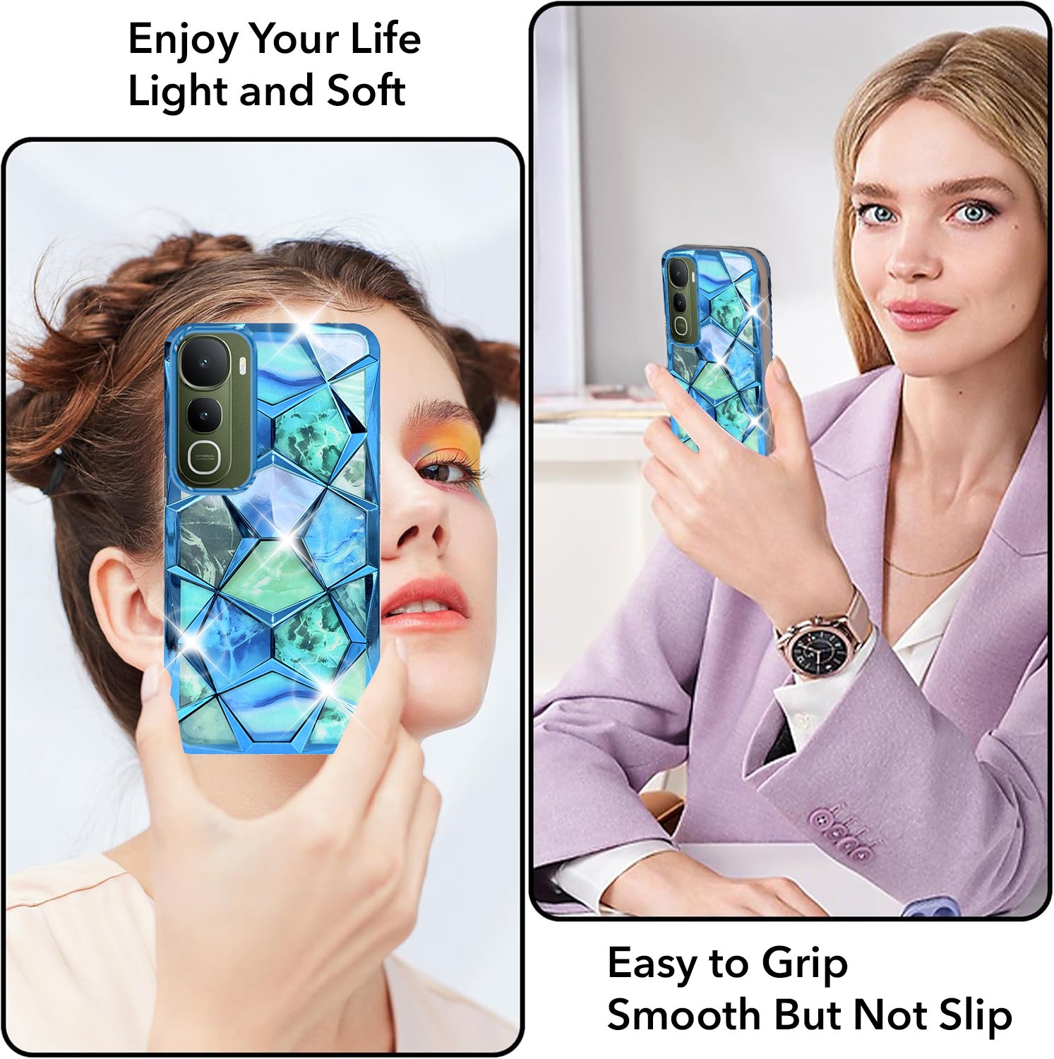 For Vivo Y400 Back Cover Case 3D Silicone Compatible (Dual Design Glitter Sparkle and Detachable Diamond Print Case | Soft and Flexible)