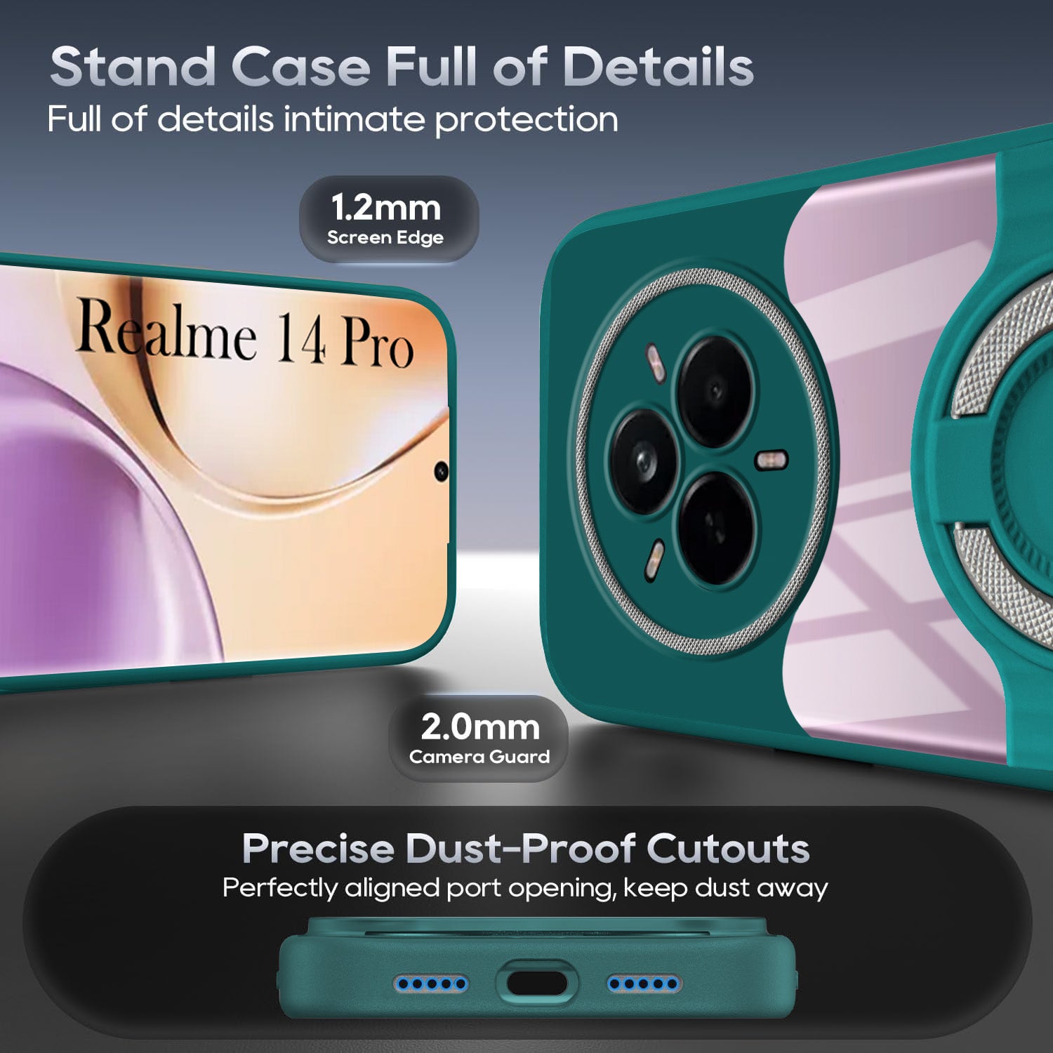 For Realme 14 Pro Back Cover Case with stand (Built-in Ring Holder Kickstand | Lifetime Anti Yellow | Camera Protection)