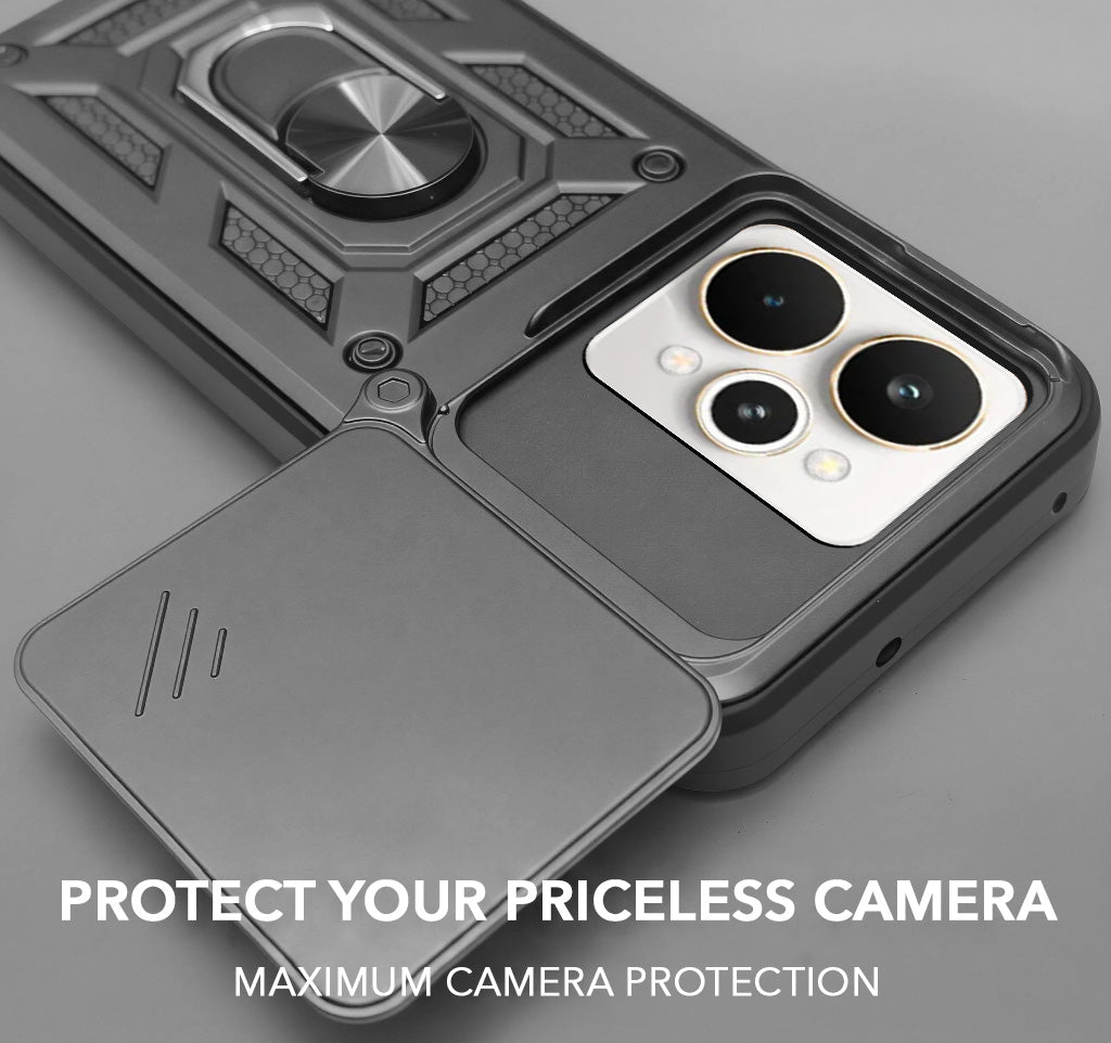 For Realme 15 Back Cover Case (Sliding Shutter Camera Protection | Polycarbonate |Ring Holder Kickstand)