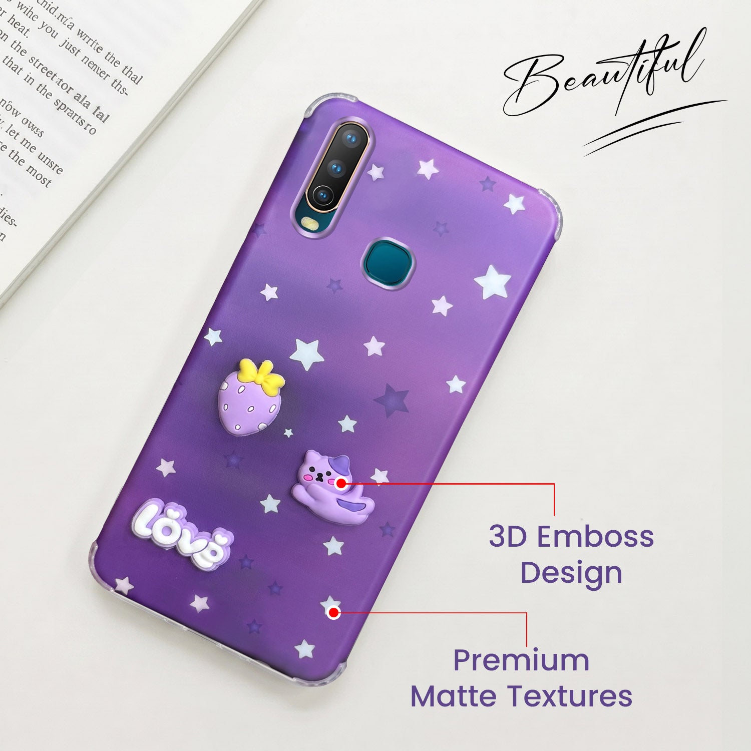 For Vivo U10 Back Cover Case (3D Cute Cartoons | Hard Back Side Soft | Matte Premium Finish | HD Printing)